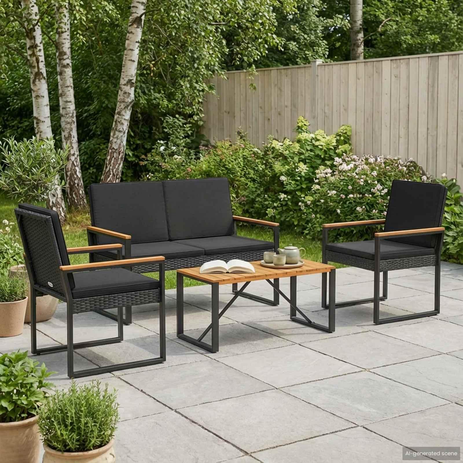 Havemøbelsæt 4 dele i sort polyrattan med bord