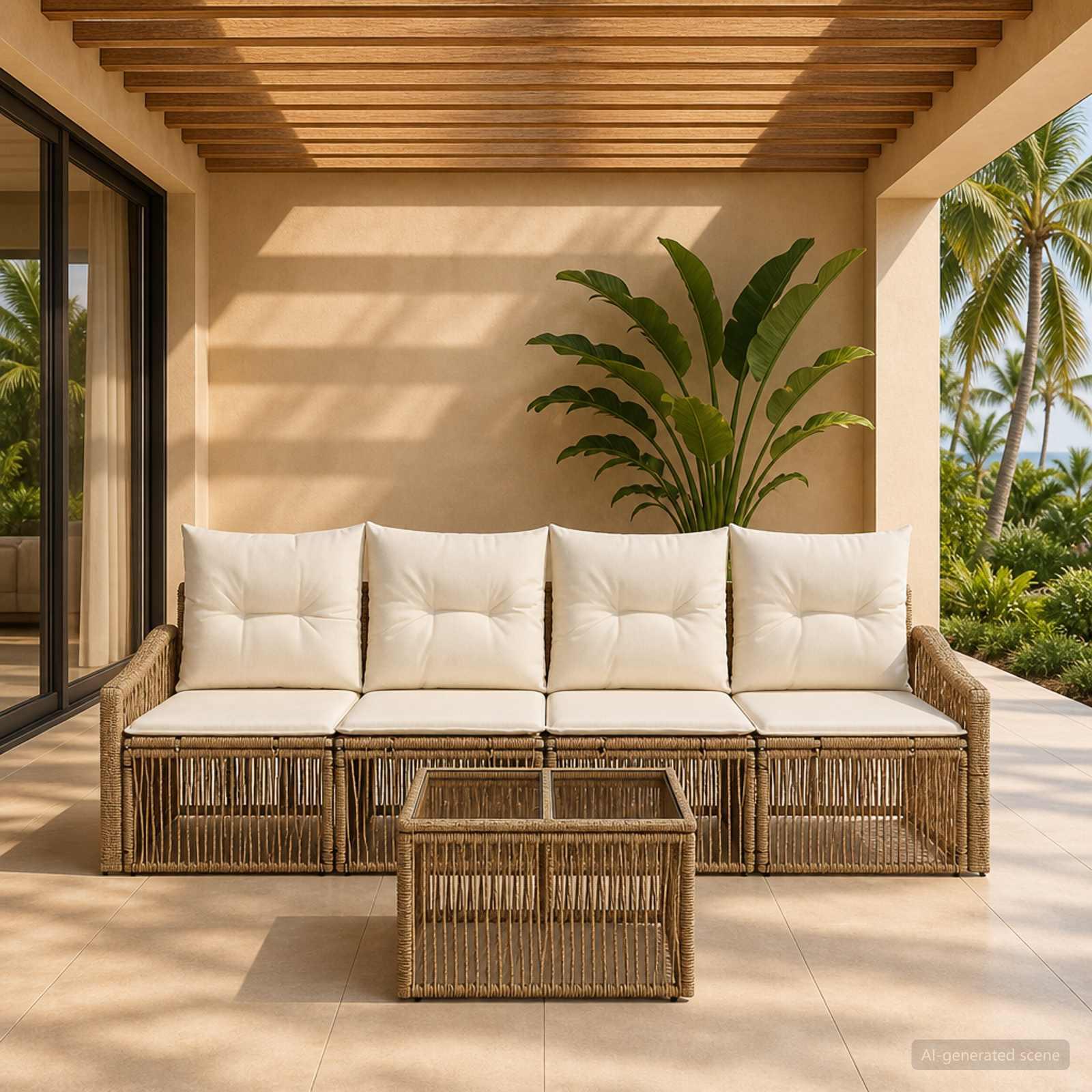 Havesofa sæt 5 stk. i beige polyrattan - modulært loungesæt til have og terrasse