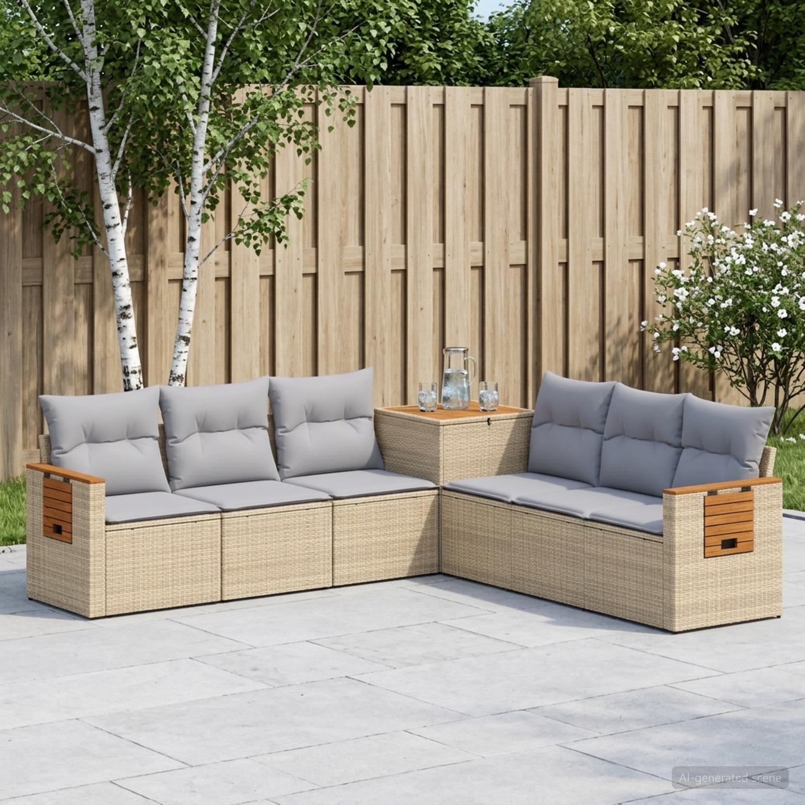 Sofa sæt 7 stk. i beige og lys grå poly rattan og stål