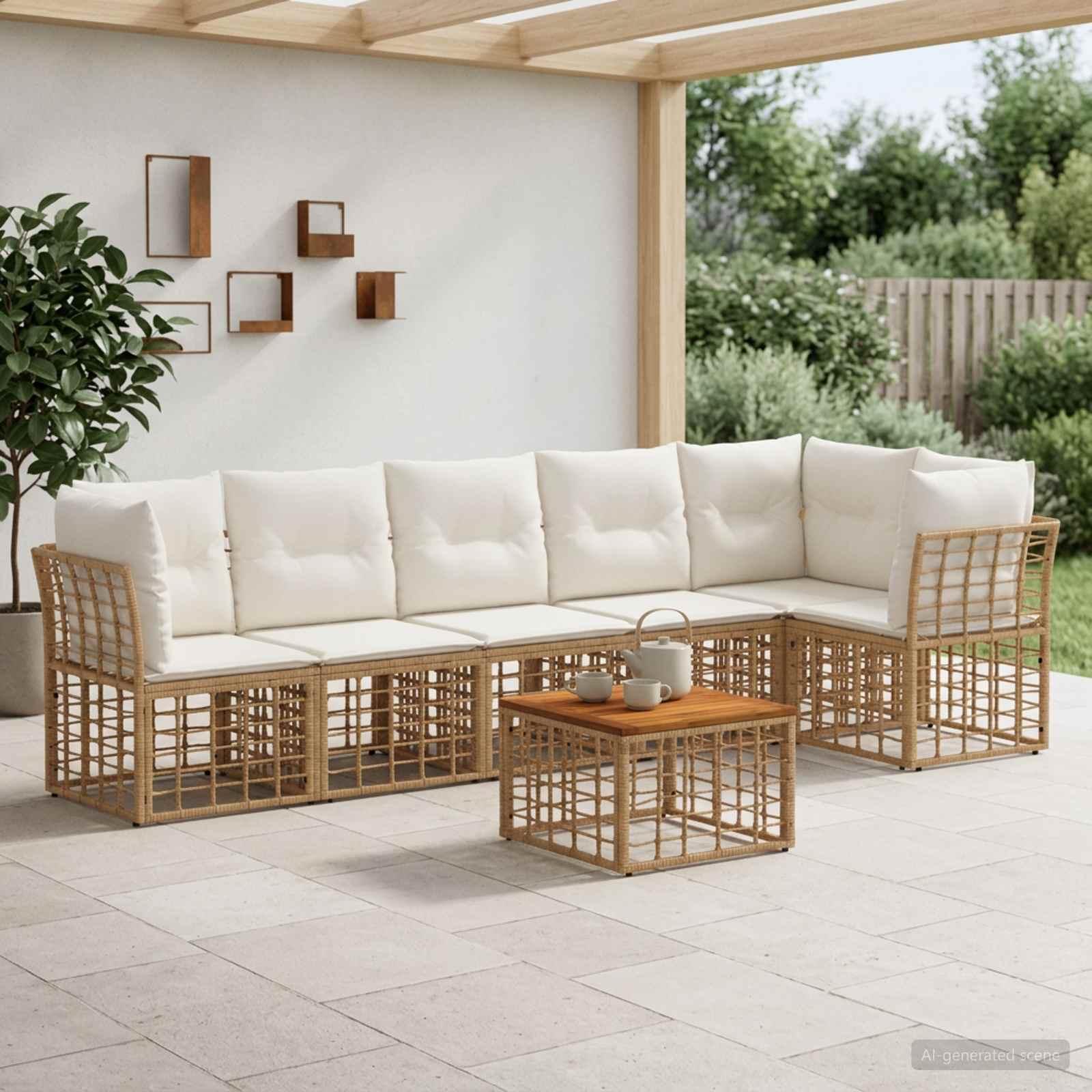 Havesofa sæt 7 stk. i polyrattan - naturlig og creme hvid