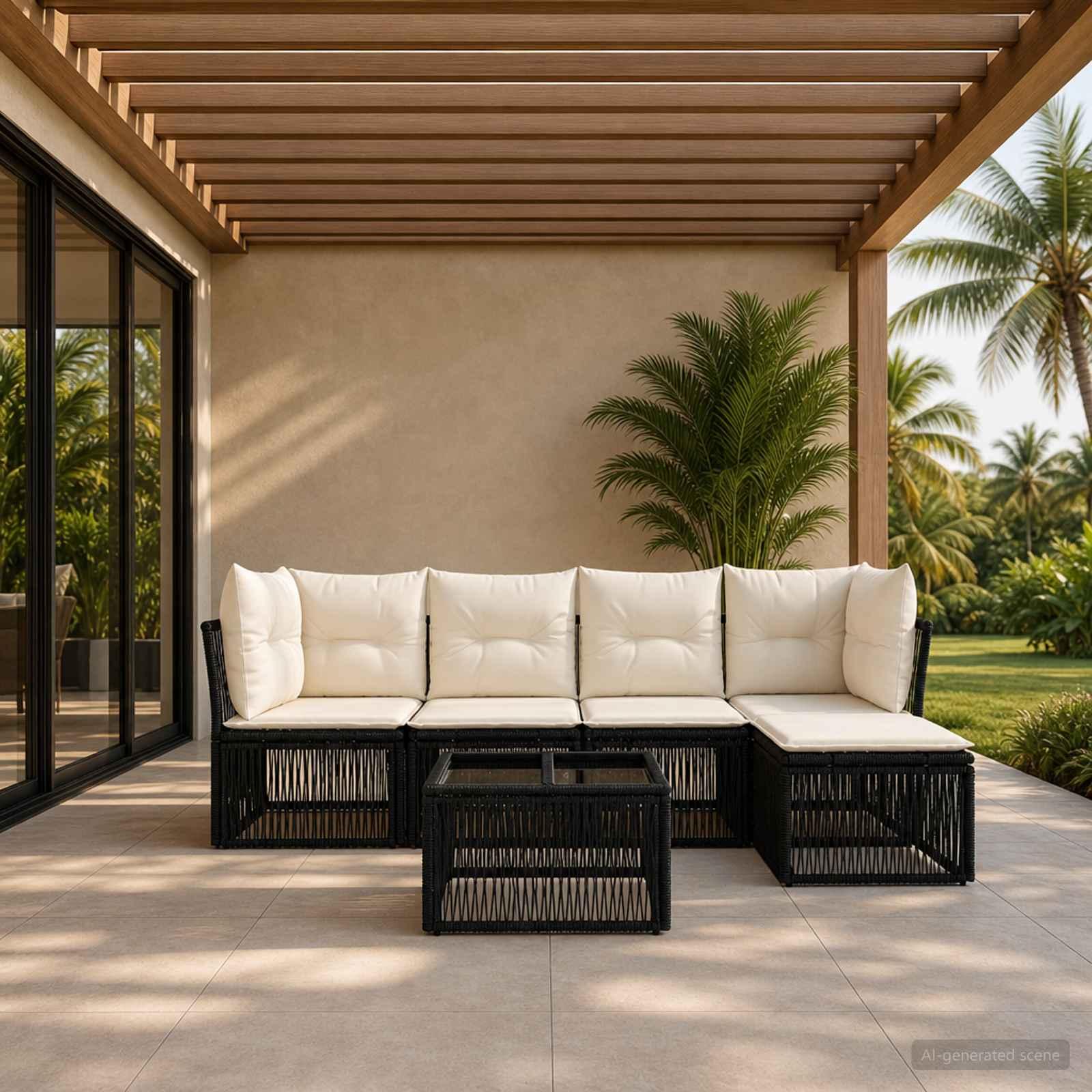 Havesofa sæt 6 dele i sort polyrattan med puder