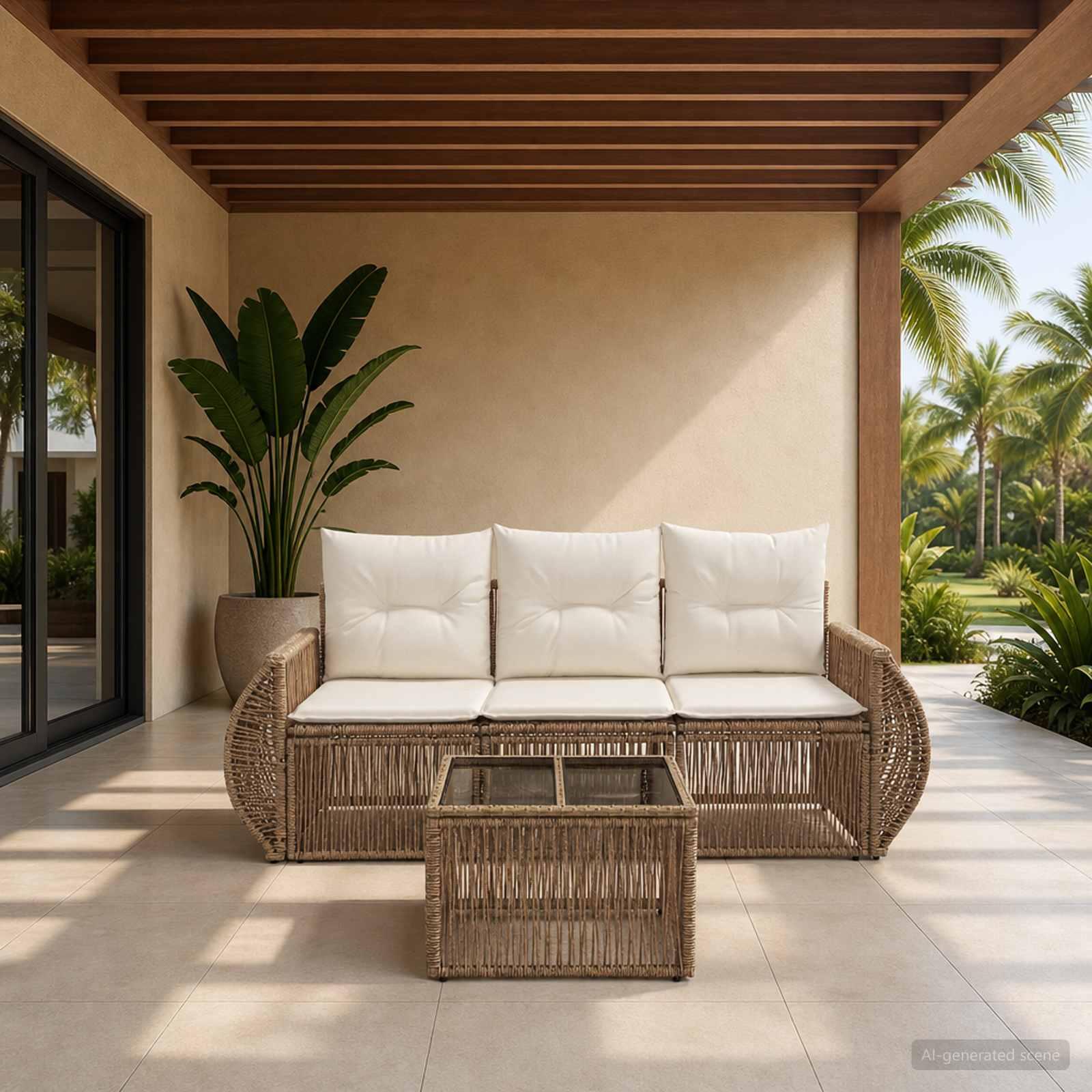 Havesofa sæt 4 dele i beige og cremehvid polyrattan