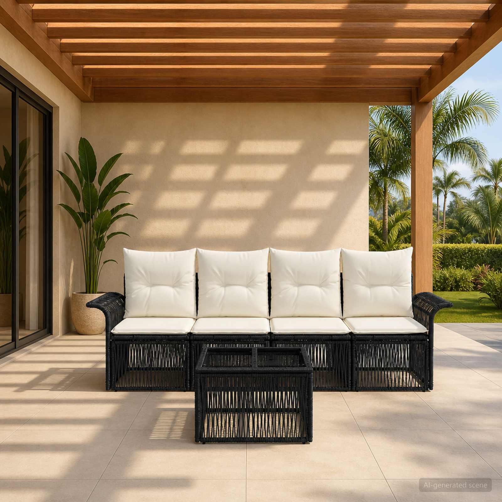 Havesofa sæt 5 stk. i sort polyrattan til have og terrasse