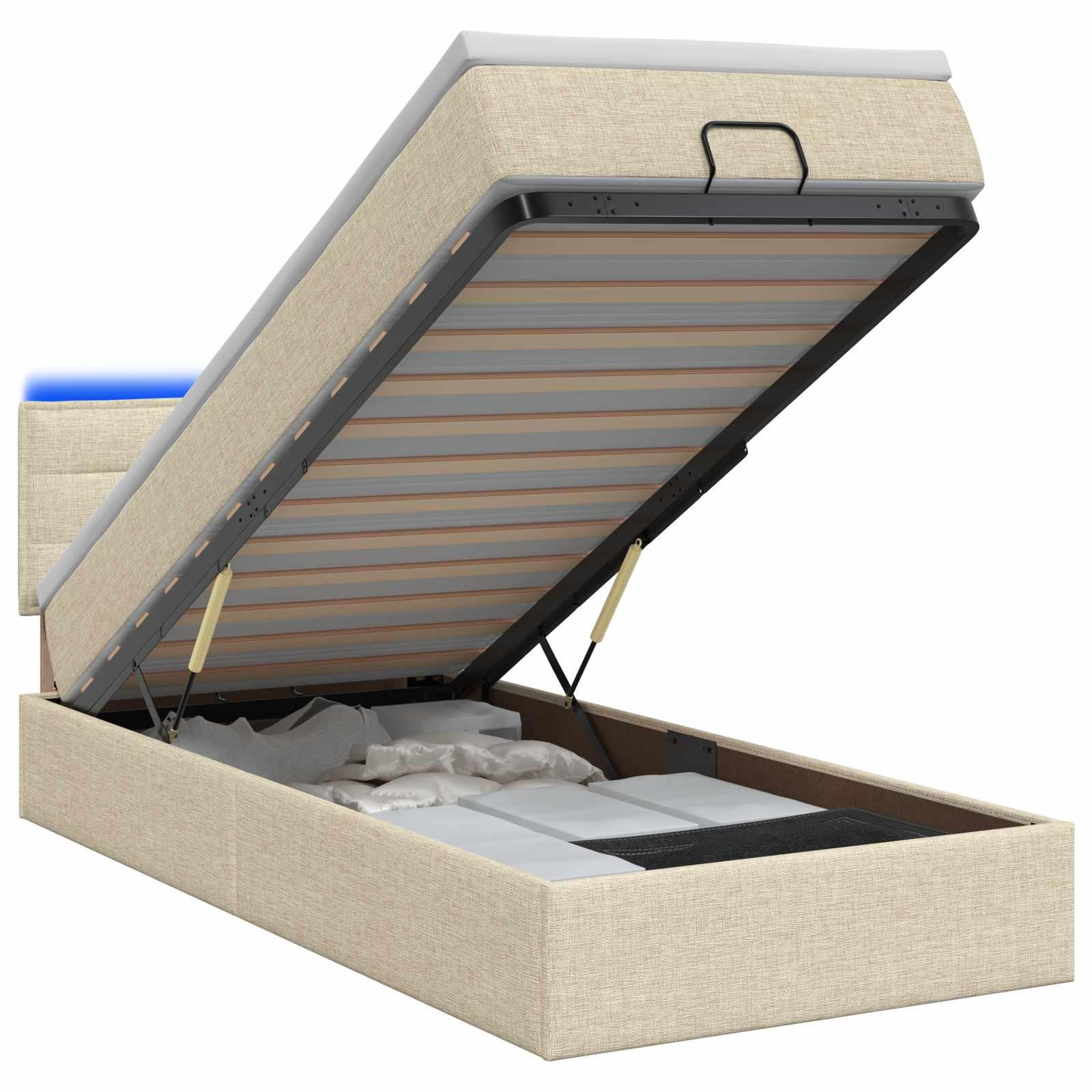 Ottoman seng med opbevaring, madras og LED - cremefarvet 100 x 200 cm