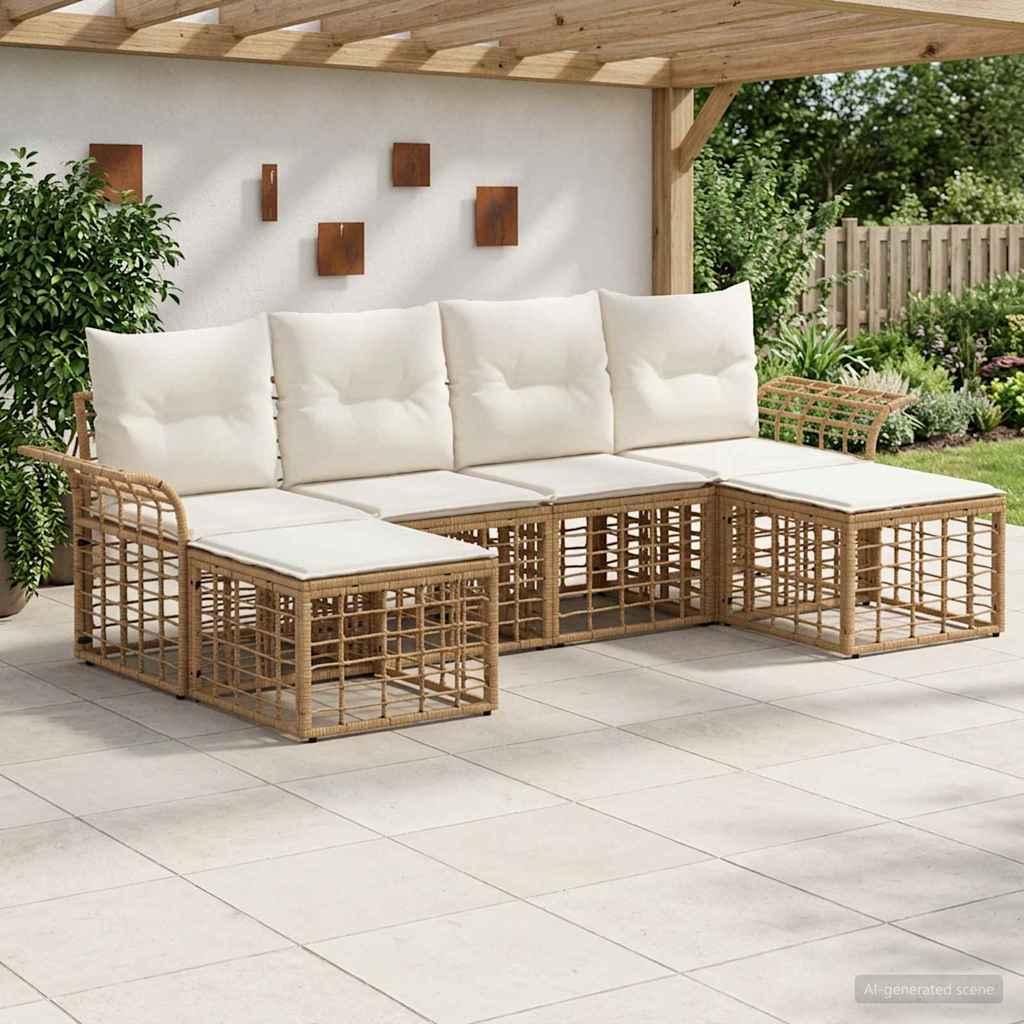 Udendørs sofagruppe 6 stk. i polyrattan - naturlig og cremehvid