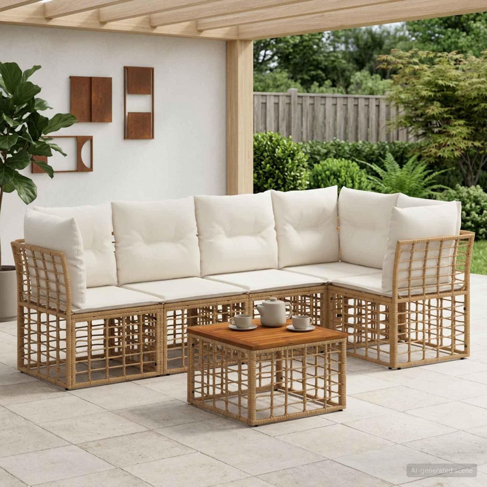 Udendørs sofagruppe 6 stk. i poly rattan med bord - naturlig og cremehvid