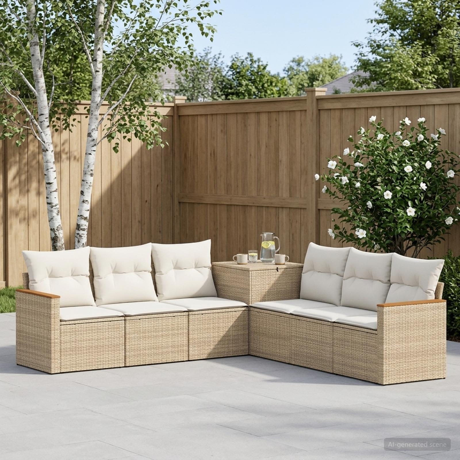 Sofa sæt 7 stk. til have og terrasse i beige/cremehvid poly rattan og stål