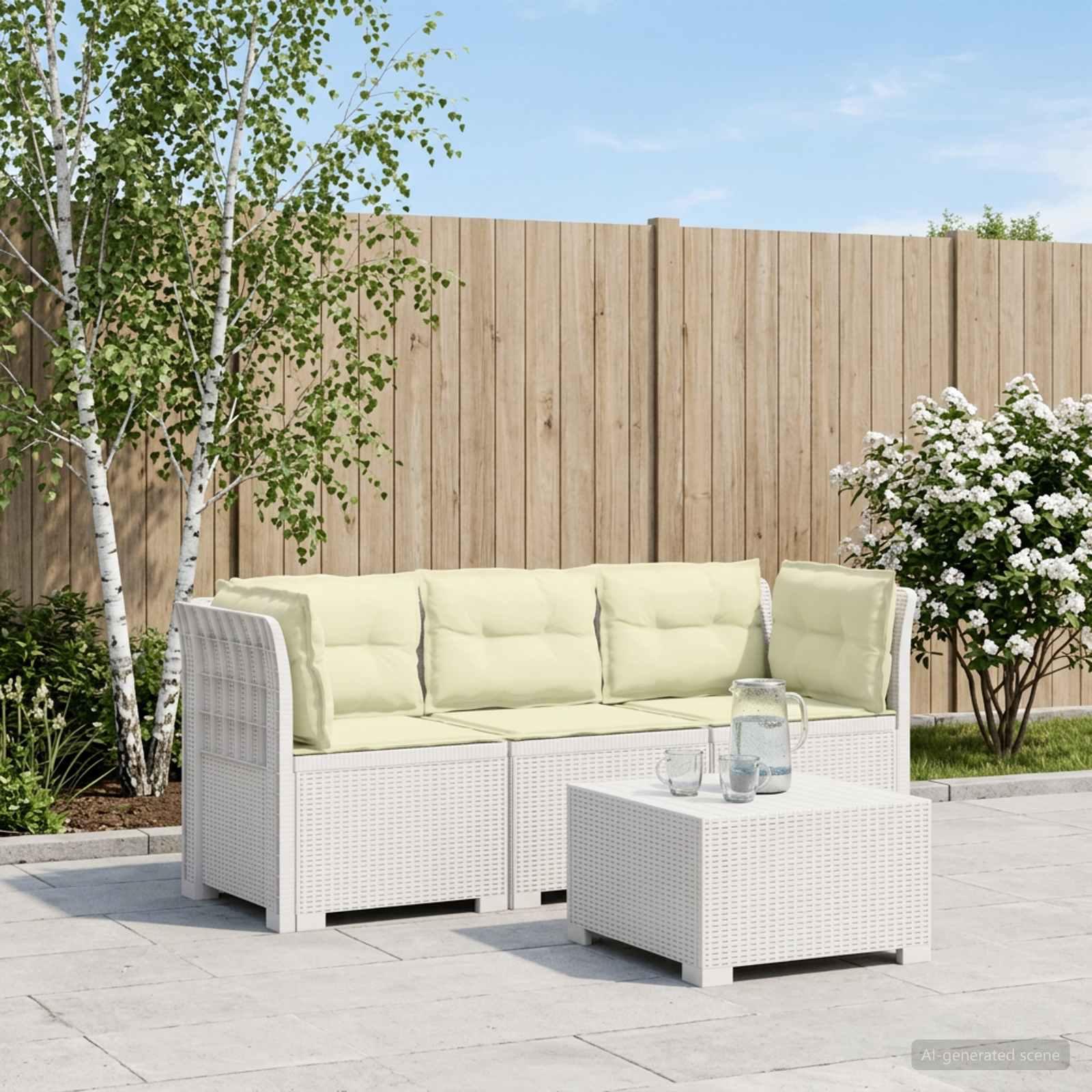 3-personers havensofa i rattanlook med puder - hvid/creme