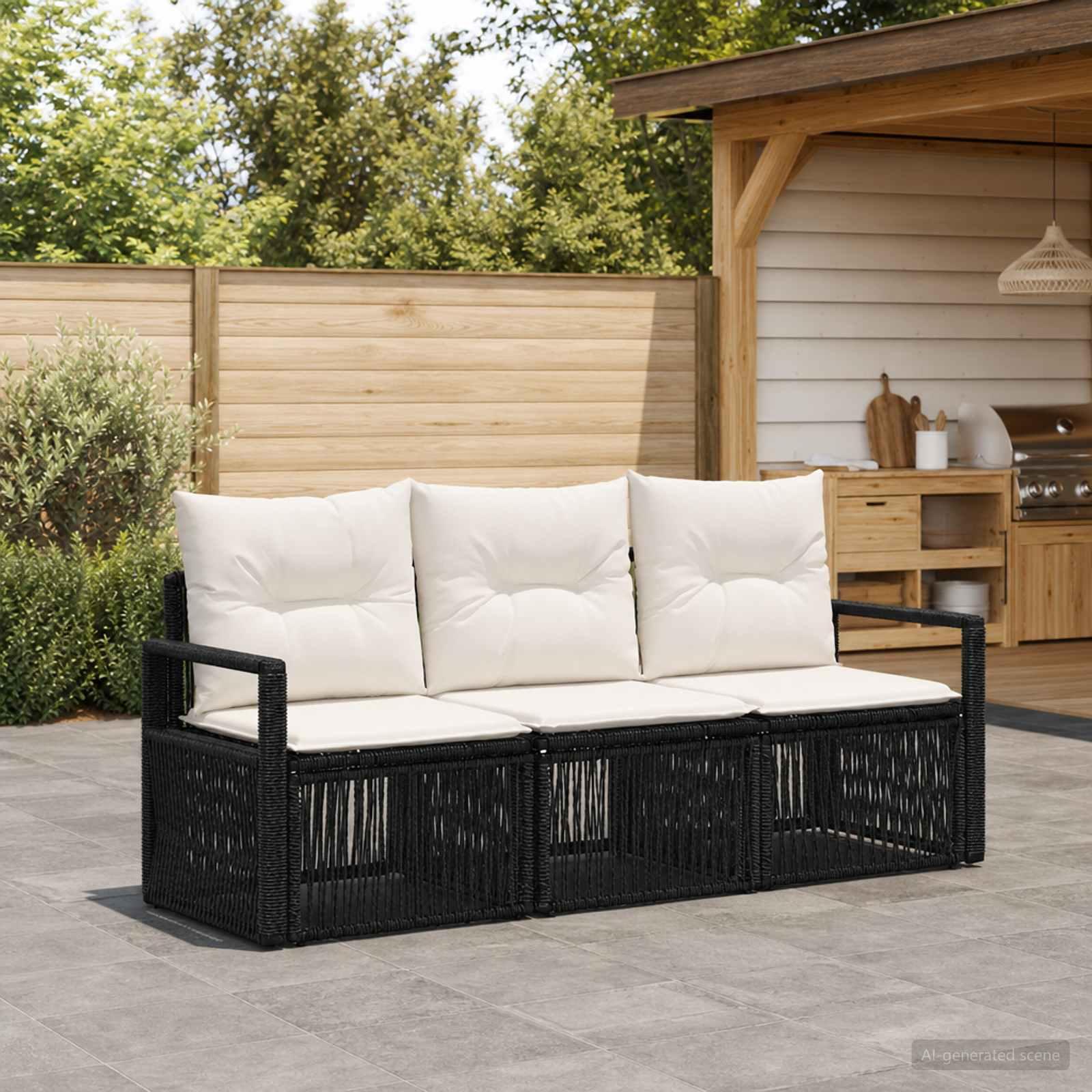Havesofa sæt 3 stk. i sort polyrattan med puder