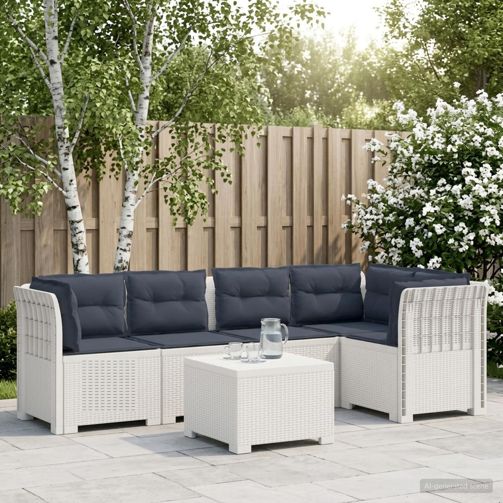 5-personers havemøbel sofa med hynder i rattan-look PP hvid