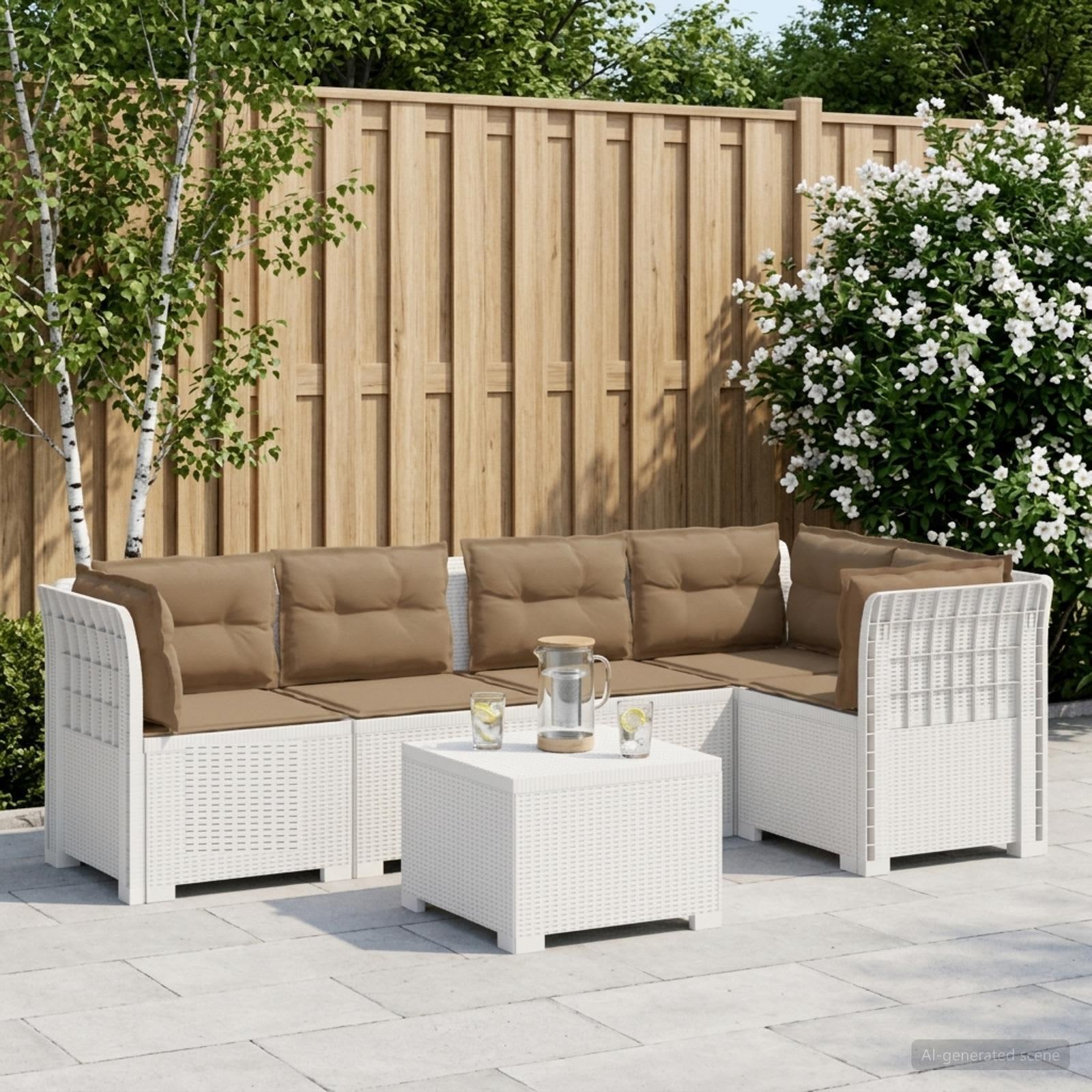 5-personers havemøbel sofa med hynder i rattan-look PP - hvid