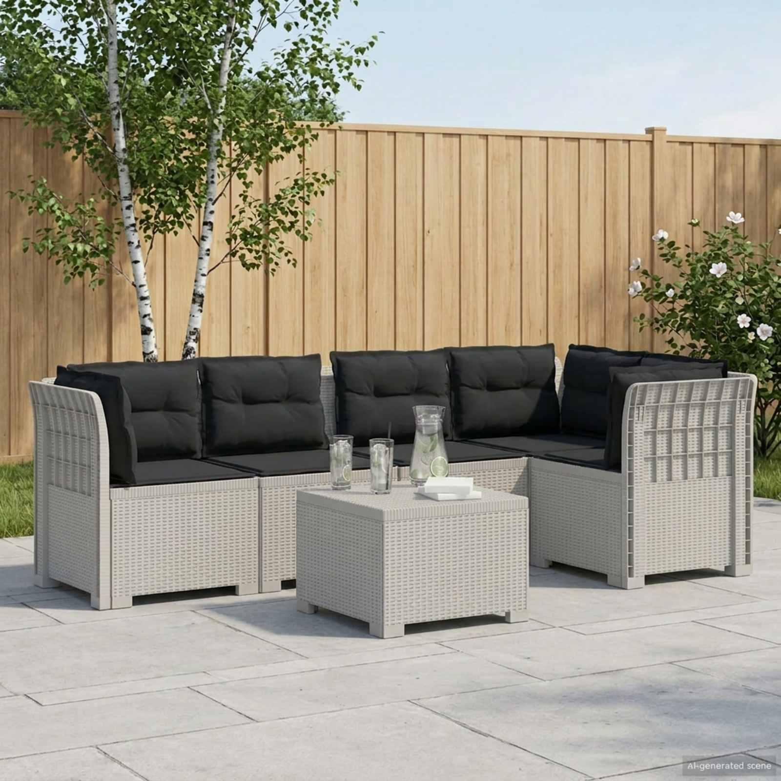 5-personers havemøbel sofa med hynder i rattan-look PP hvid
