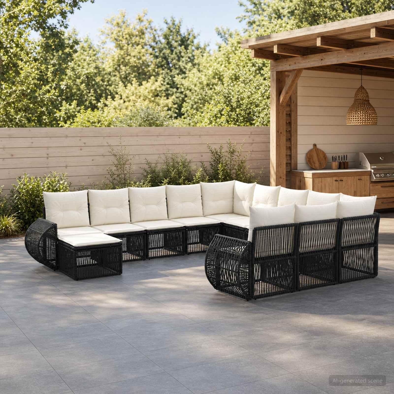 Havesofa sæt 12 stk. i sort polyrattan med hynder