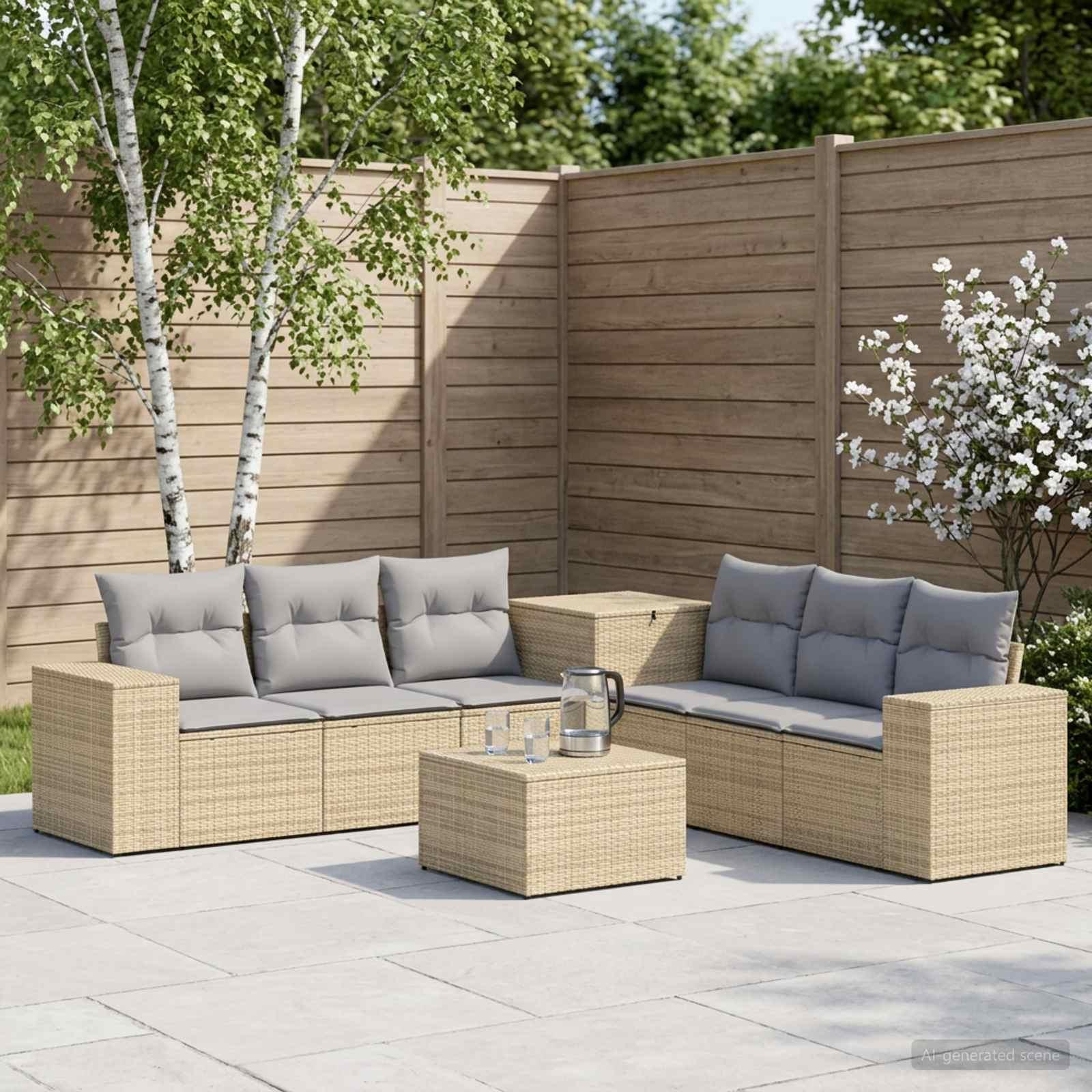 Sofa sæt 7 stk. til haven i poly rattan og stål - beige og lys grå