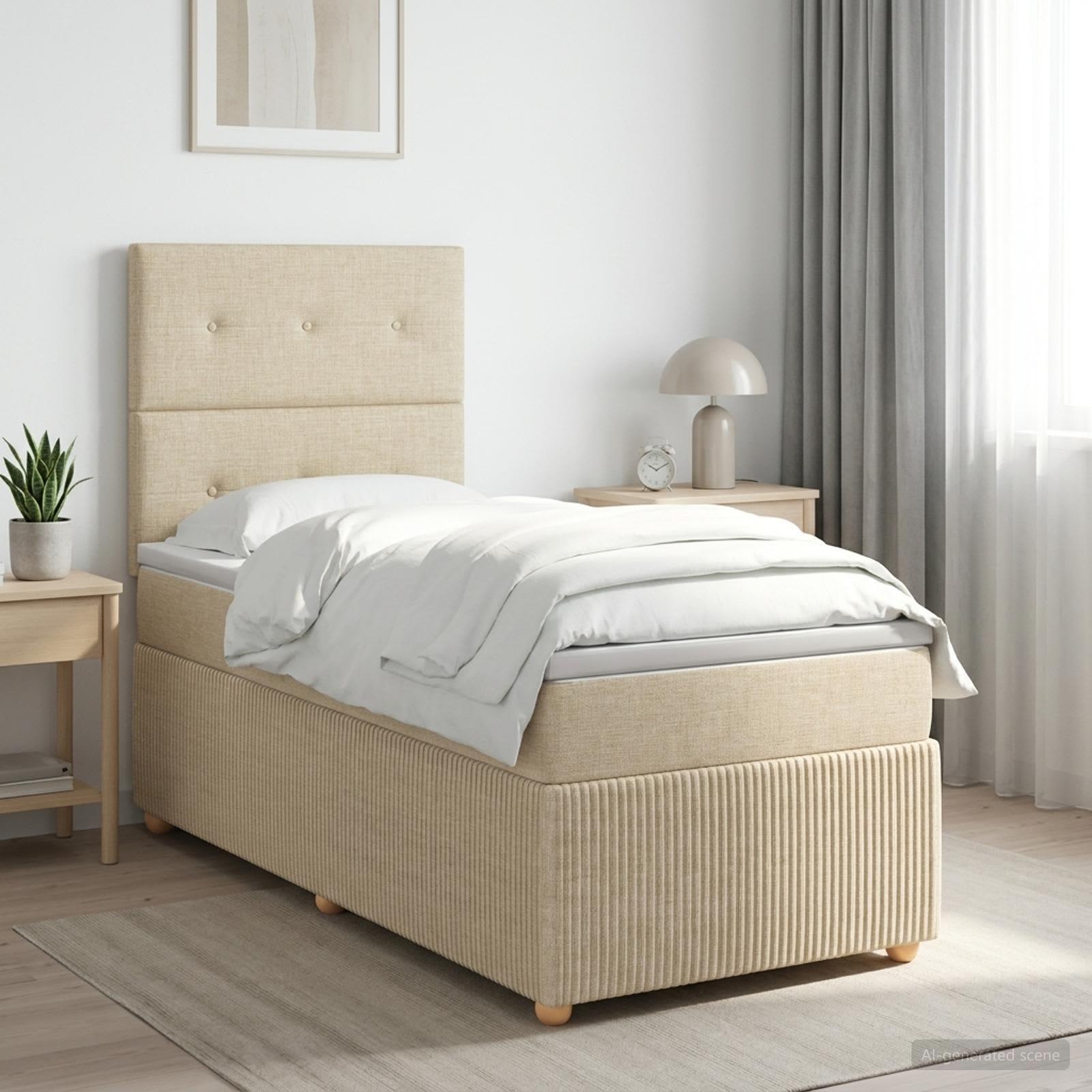 Boksmadras-seng med topmadras 90 x 190 cm cremefarvet stof