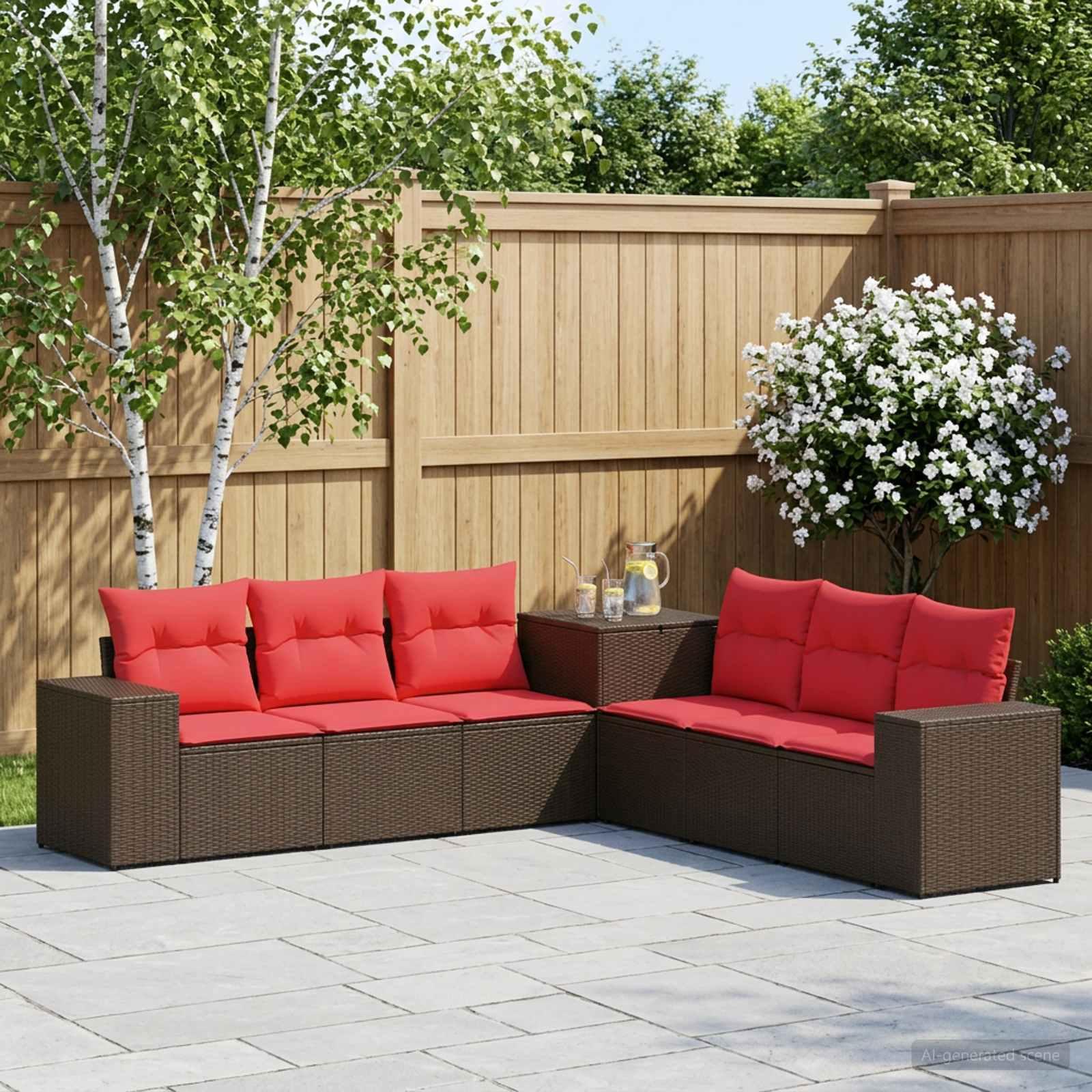 Sofa sæt 7 stk. til have og terrasse i poly rattan og stål - brun/rød