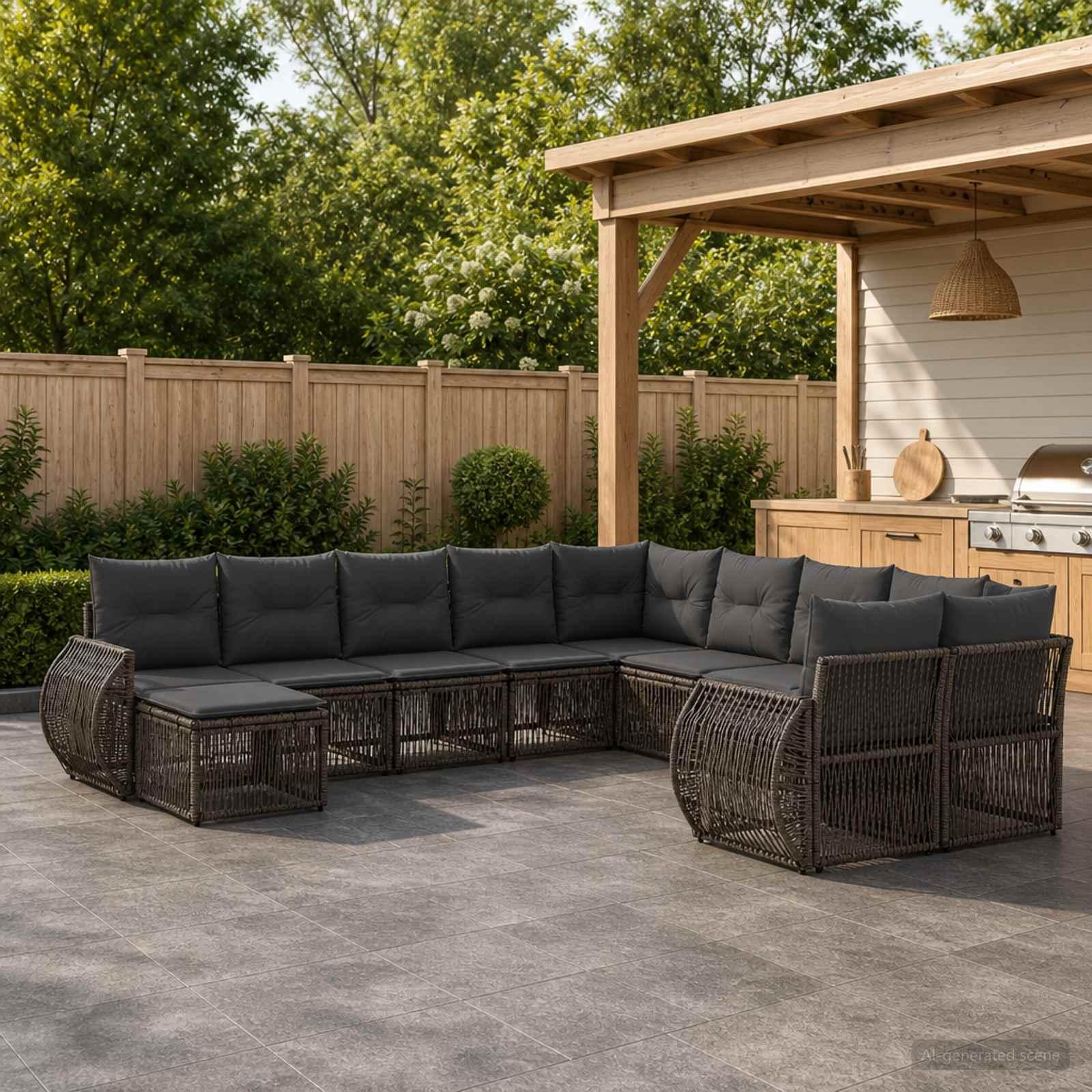 Havesofa sæt 11 stk. i grå polyrattan - modulært loungesæt til terrasse