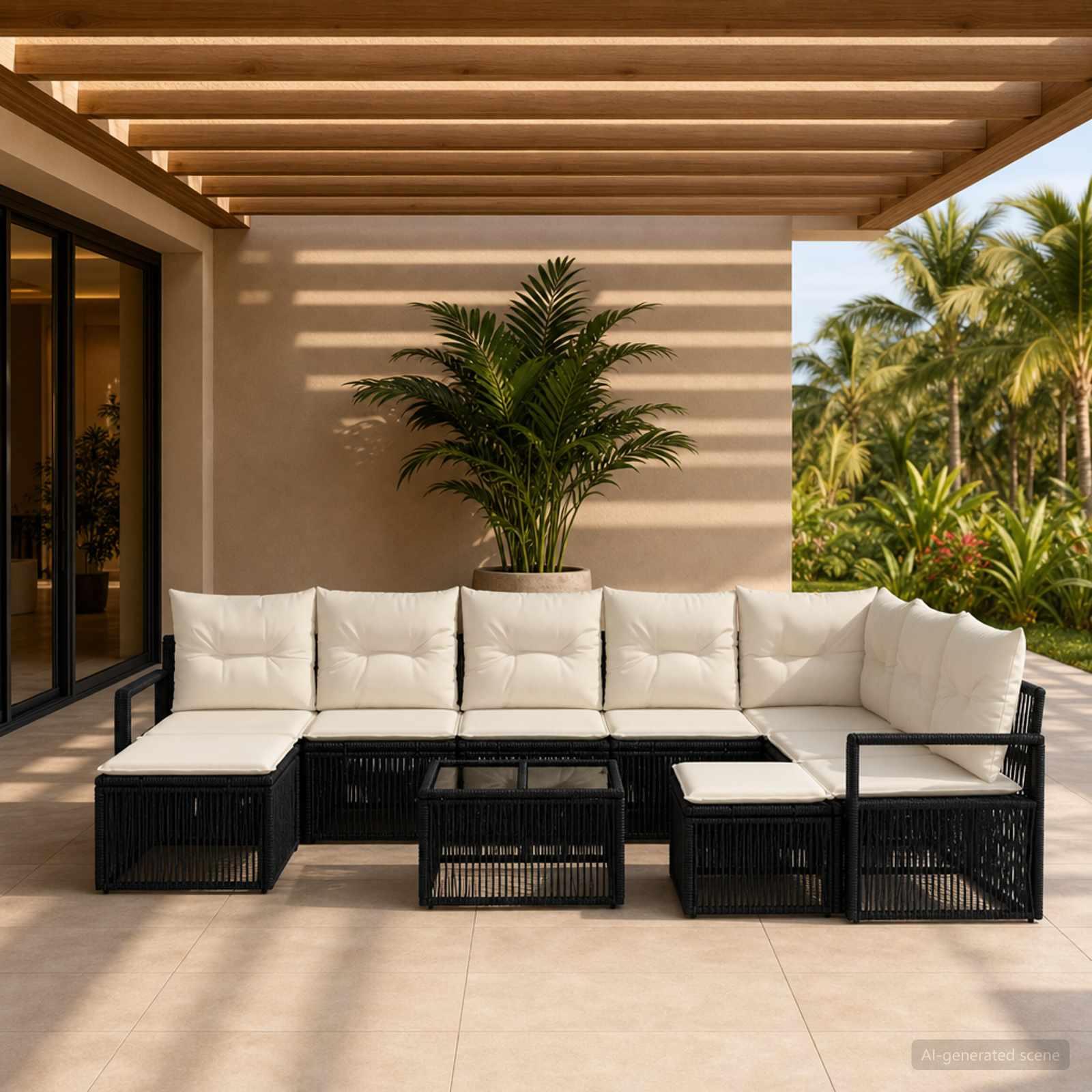 Havesofa sæt 10 stk. i sort polyrattan til terrasse og lounge