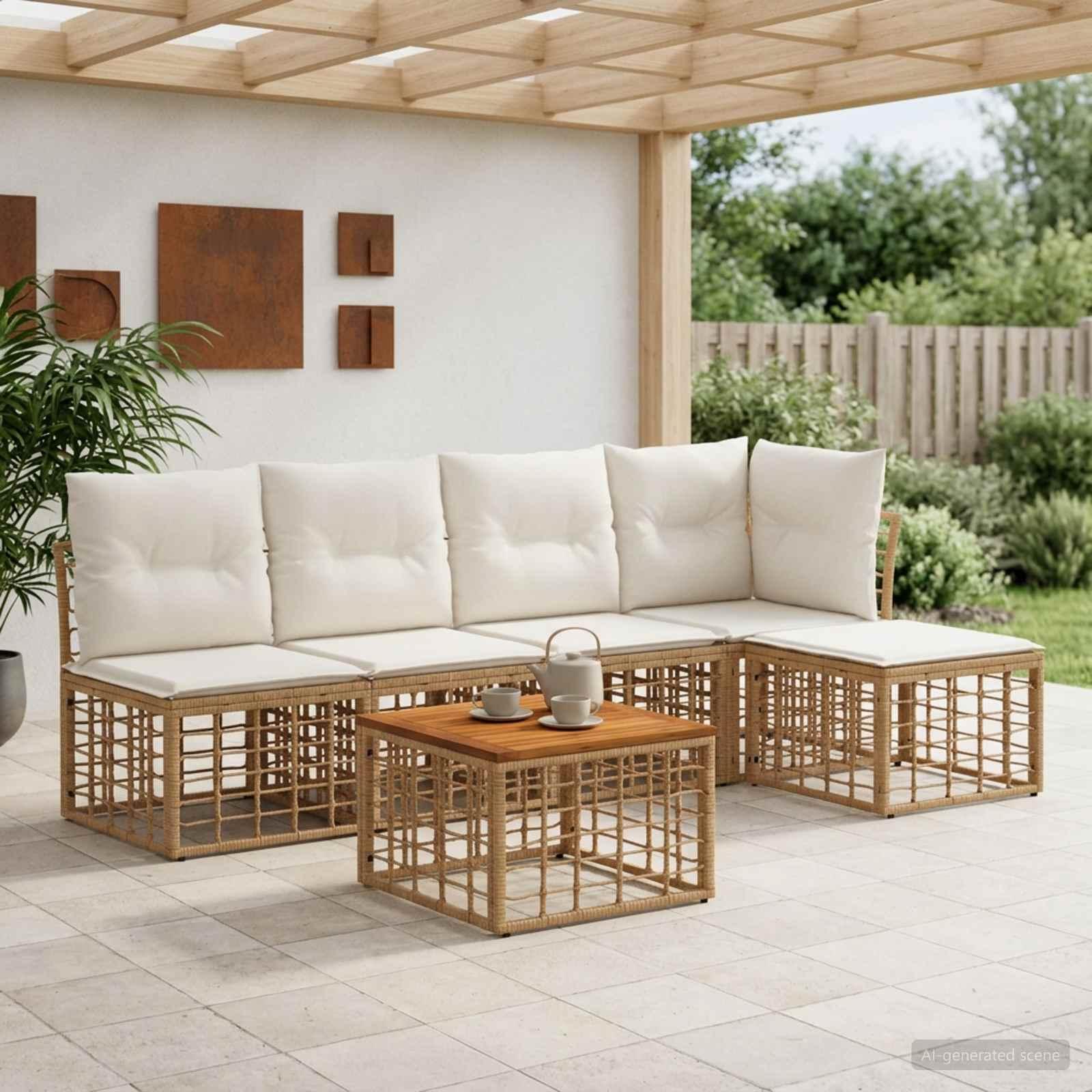 Udendørs sofagruppe 6 stk. i poly rattan - naturlig og creme hvid