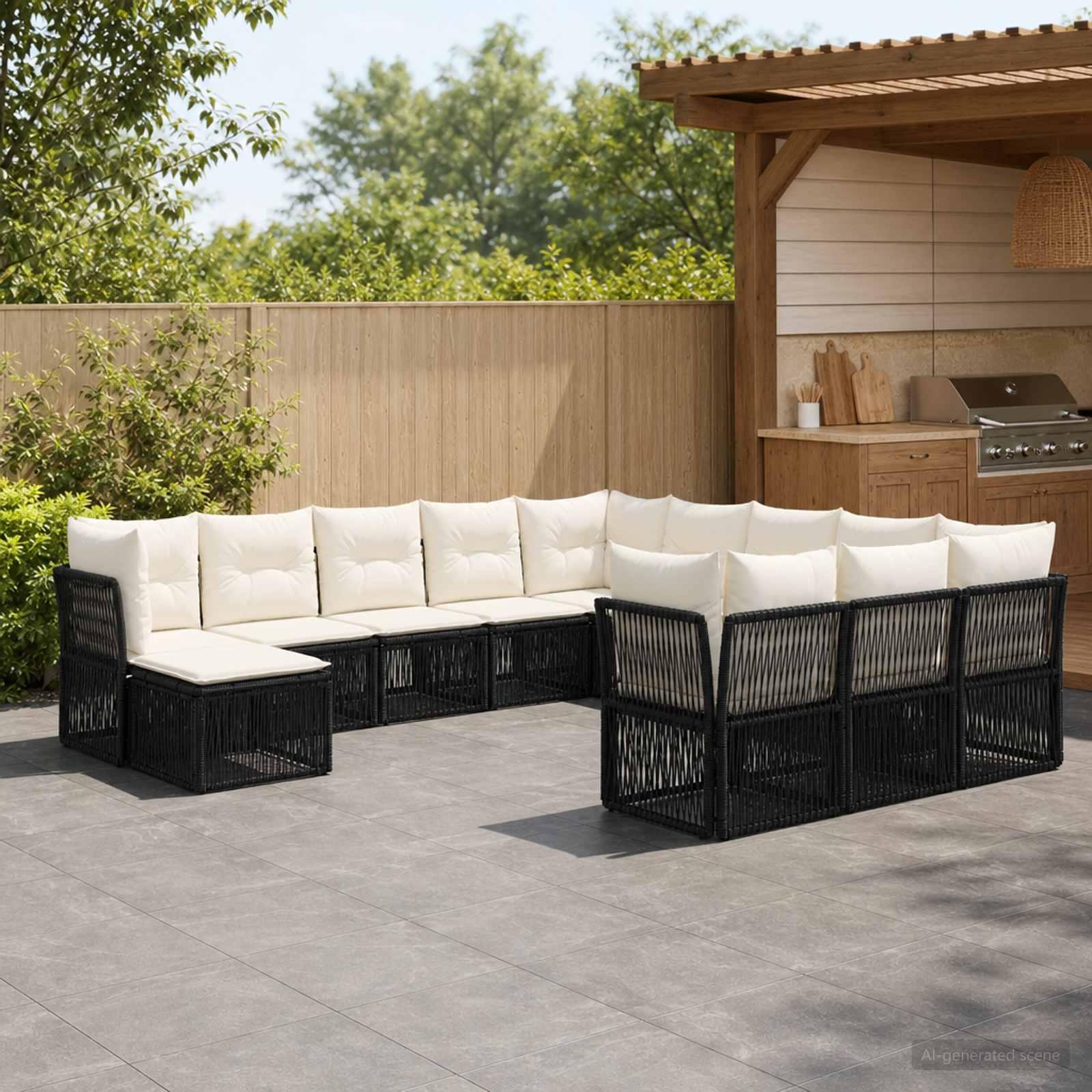 Havesofa sæt 12 stk. i sort polyrattan med modulært lounge design