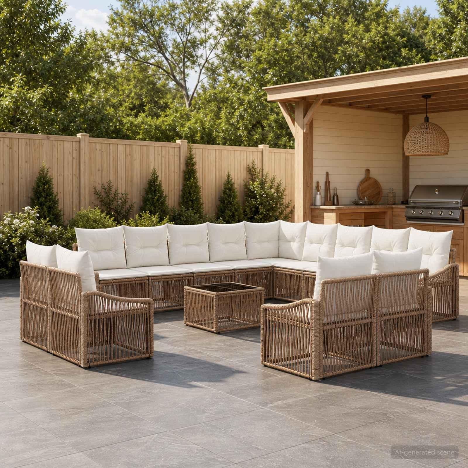 Havesofa sæt 14 stk. i beige polyrattan med cremefarvede puder