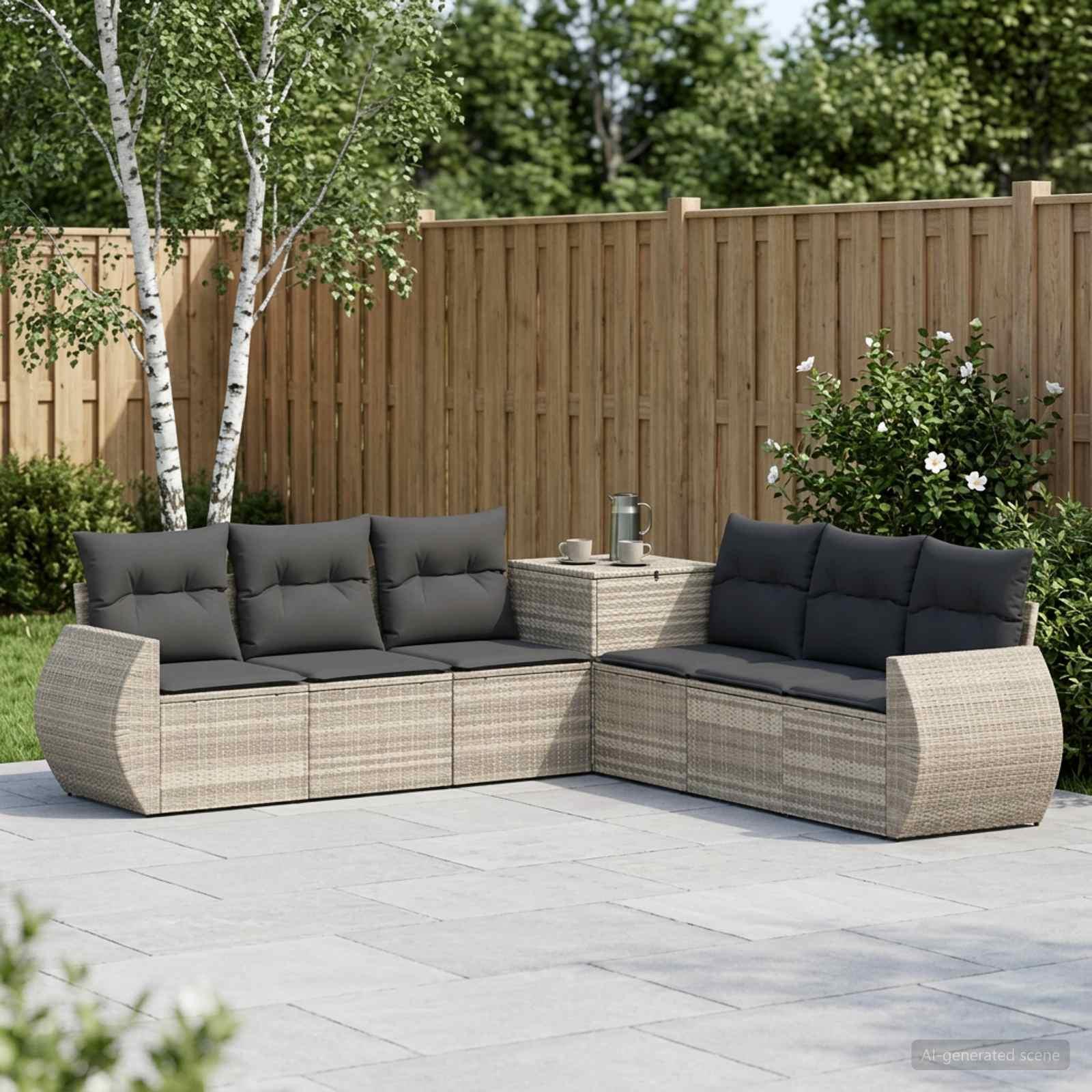 Sofa sæt 7 stk. i lysegrå og mørkegrå poly rattan og stål