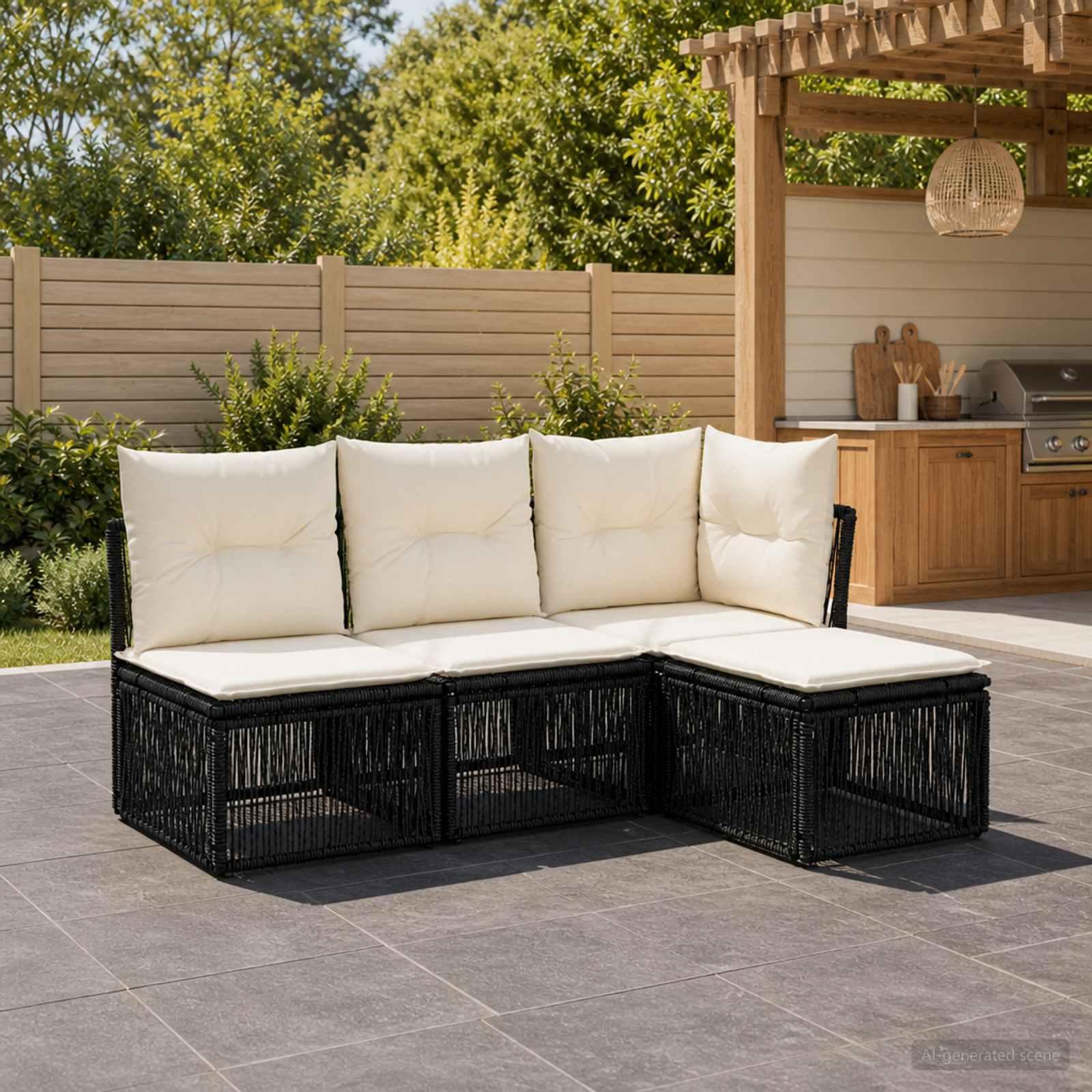 Havesofa sæt 4 stk. i sort polyrattan til terrasse og have