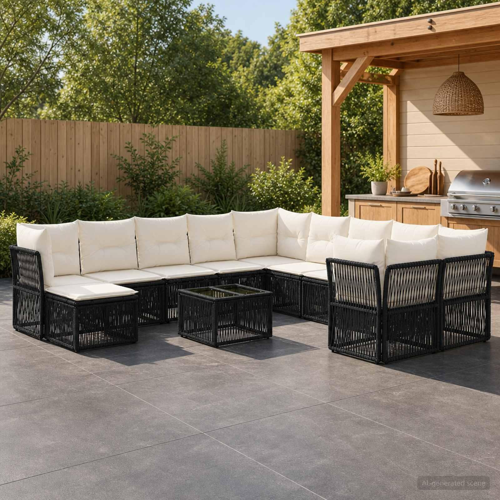 Havesofa sæt 12 stk. i sort polyrattan til terrasse og have