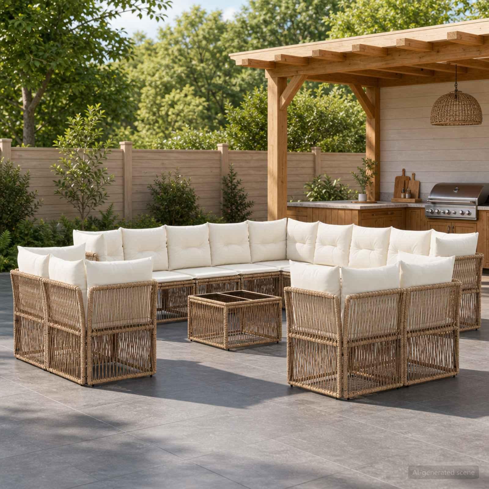 Havesofa sæt 14 stk. i beige polyrattan til terrasse og have