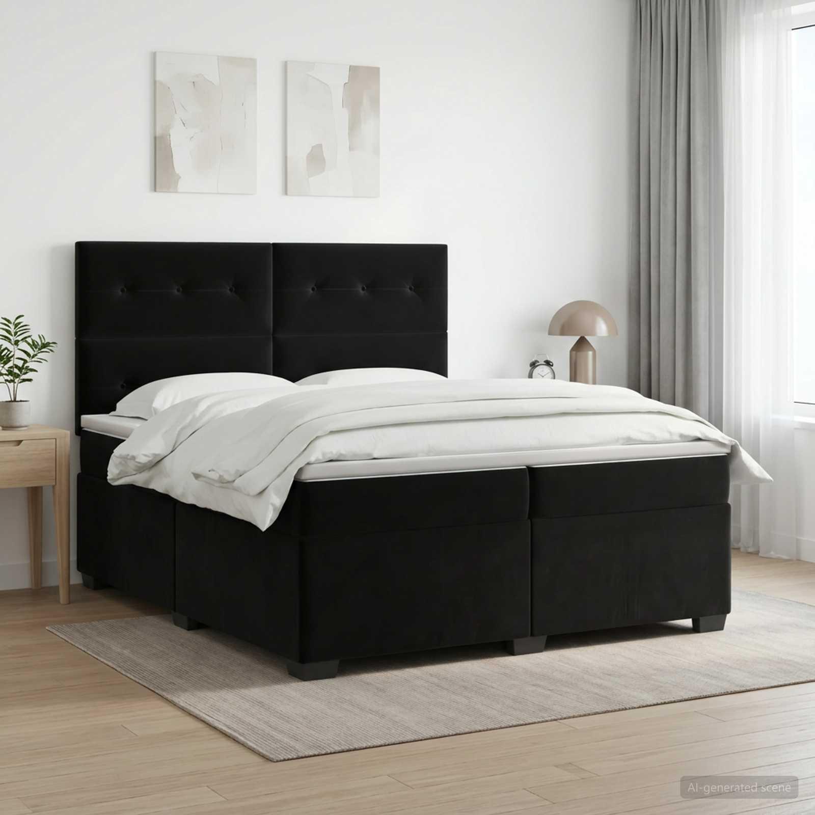 Boxmadras med topmadras og hovedgærde 200 x 200 cm sort fløjl