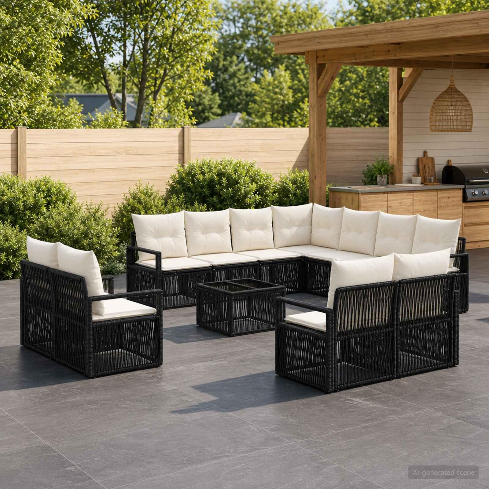 Havesofa sæt 12 stk. i sort polyrattan til terrasse og have