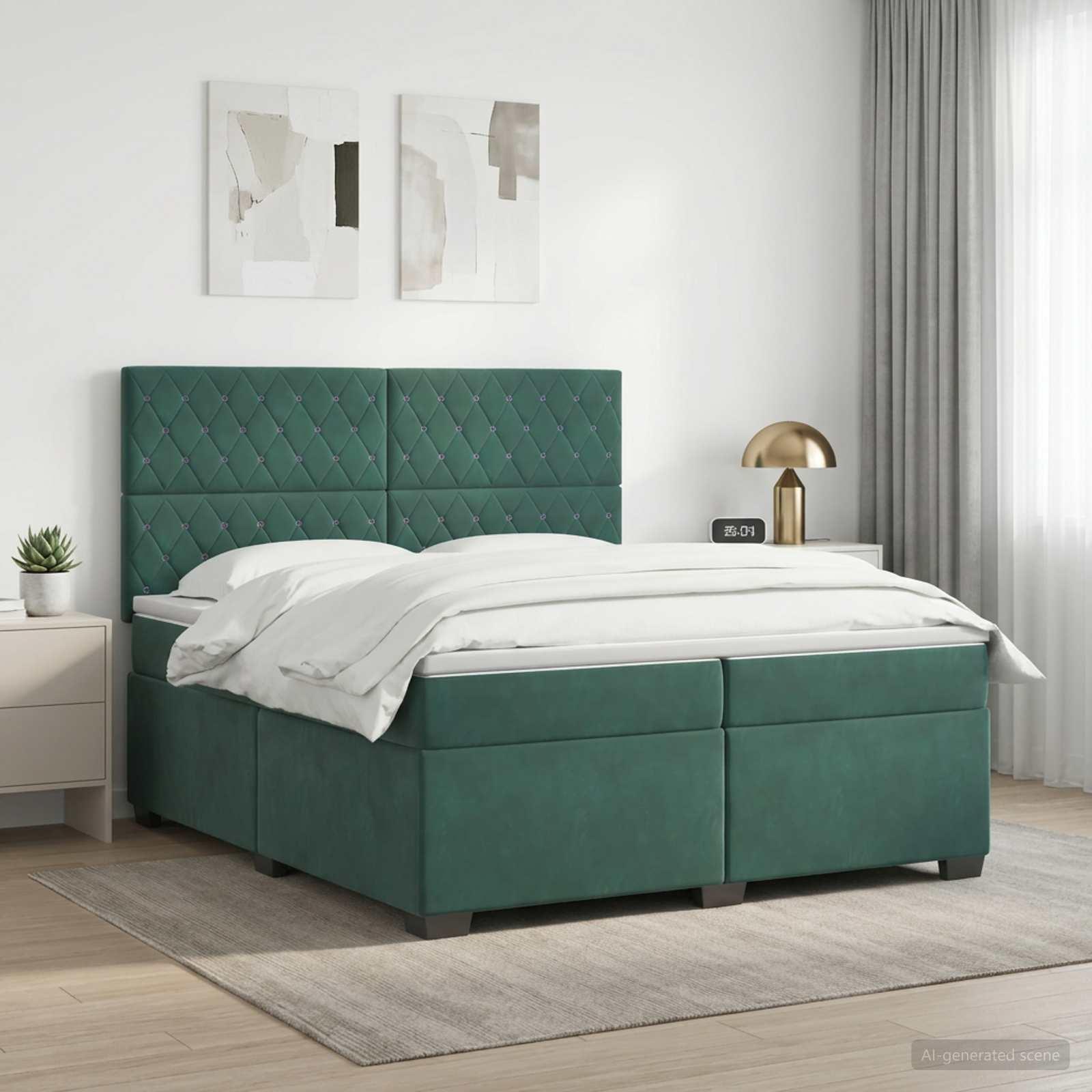 Boksmadras med topmadras 200 x 200 cm i mørkegrøn fløjl