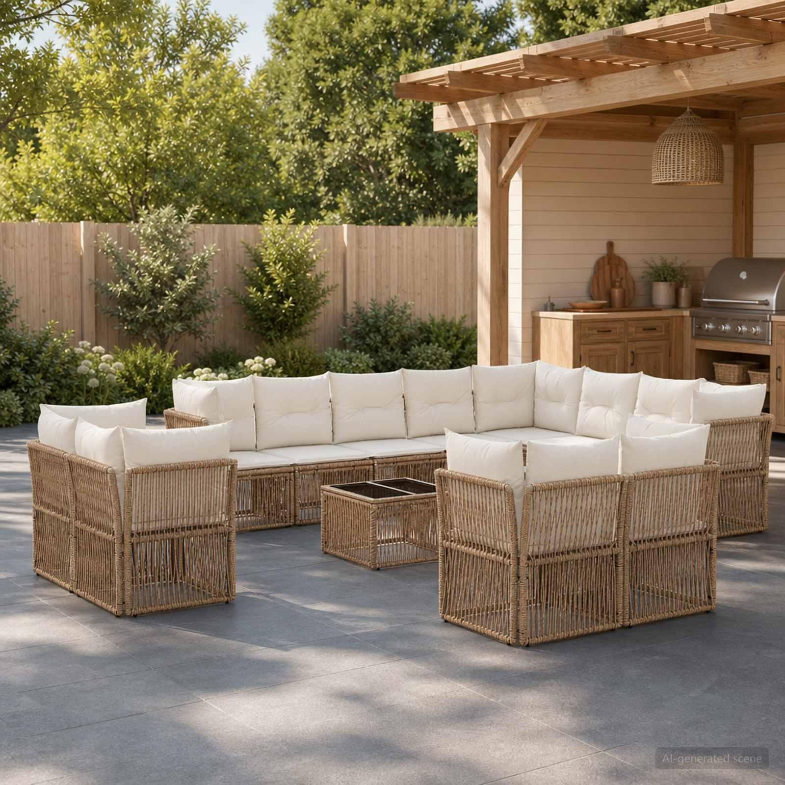 Havesofa sæt 13 stk. i beige polyrattan til terrasse og have