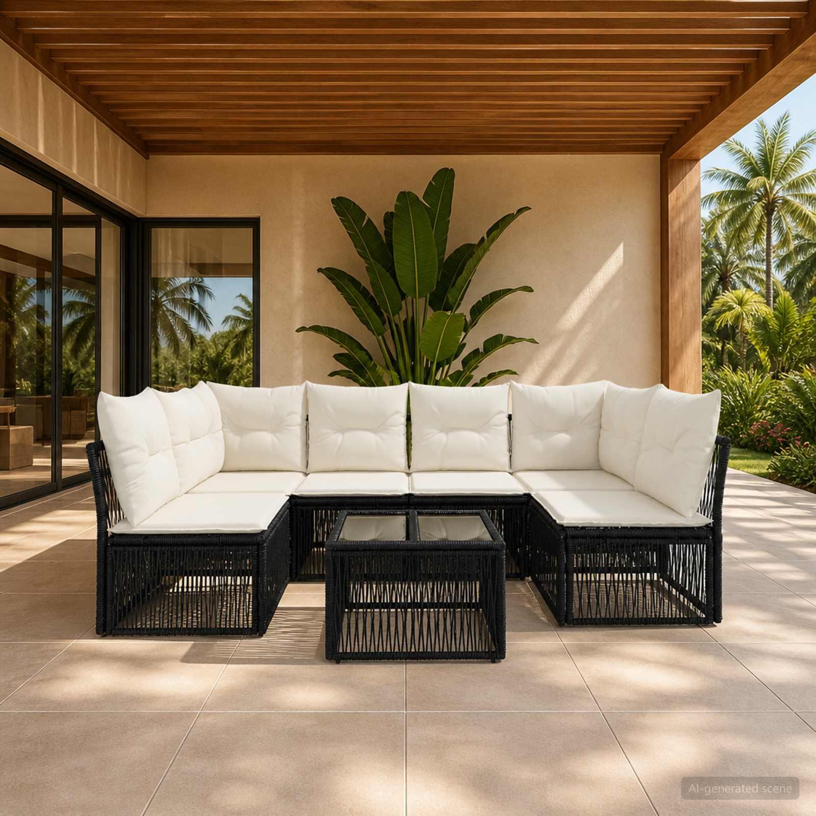 Havesofa sæt 7 dele i sort polyrattan med bord