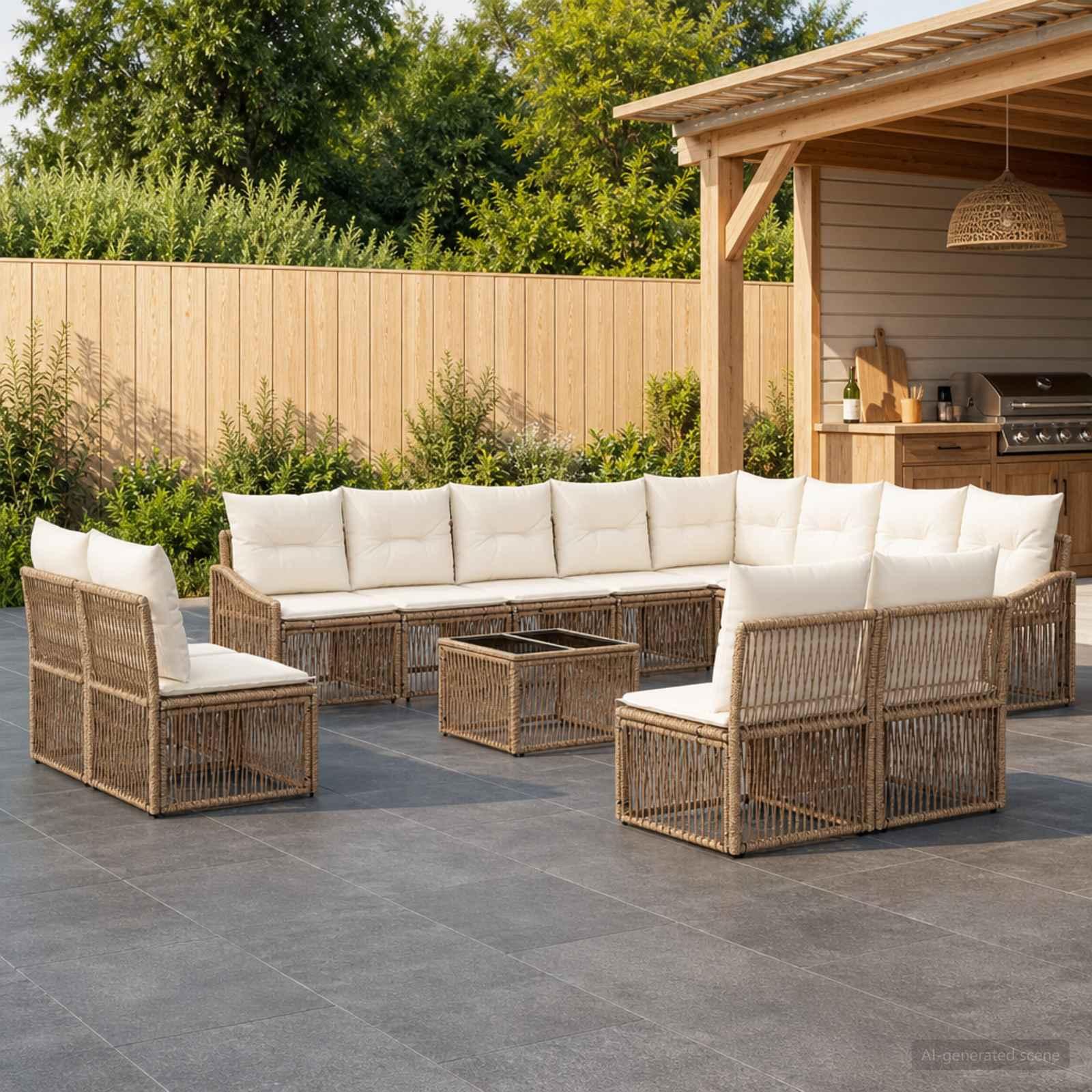 Havesofa sæt 13 stk. i beige polyrattan til terrasse og have