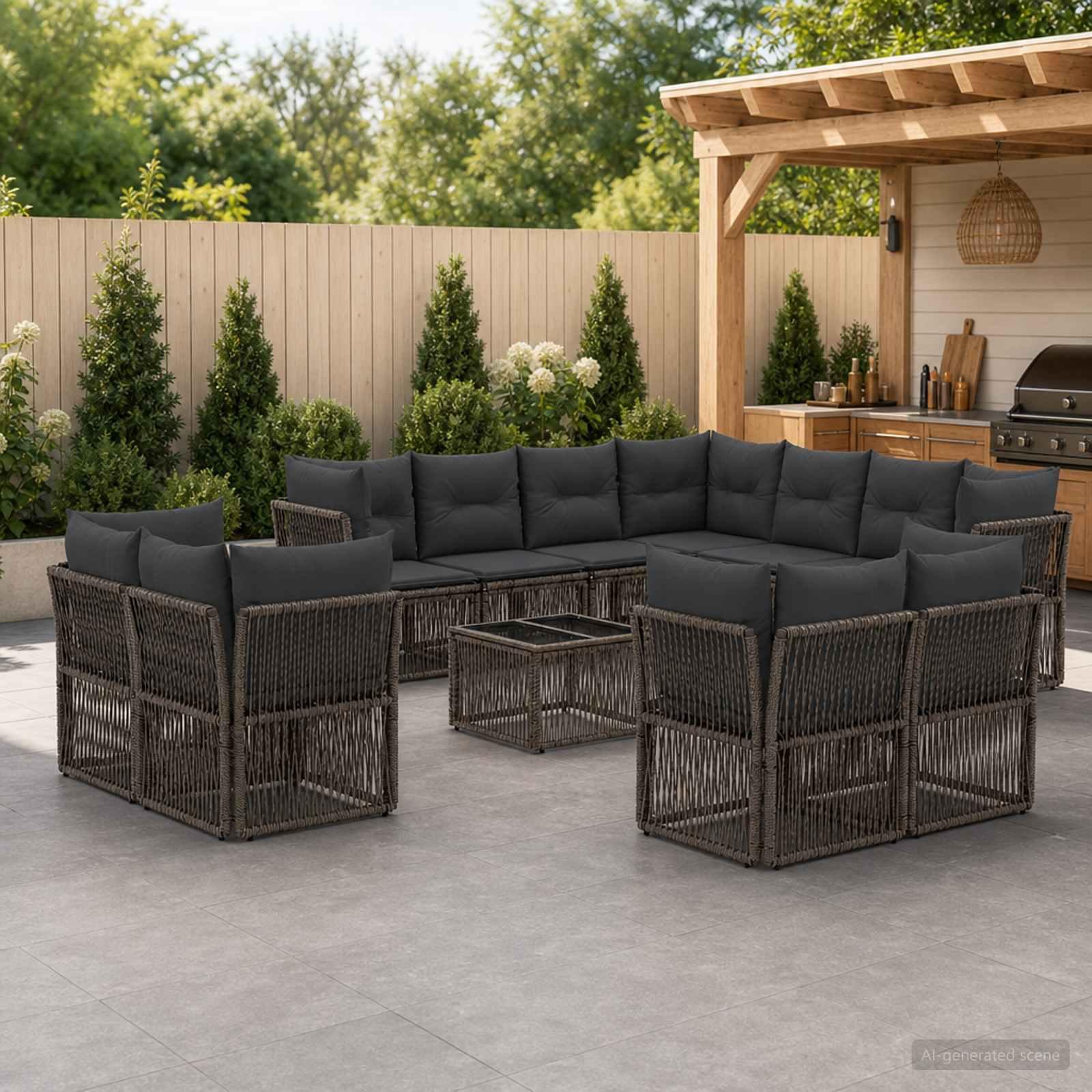 Havesofa sæt 12 stk. i grå polyrattan til have og terrasse