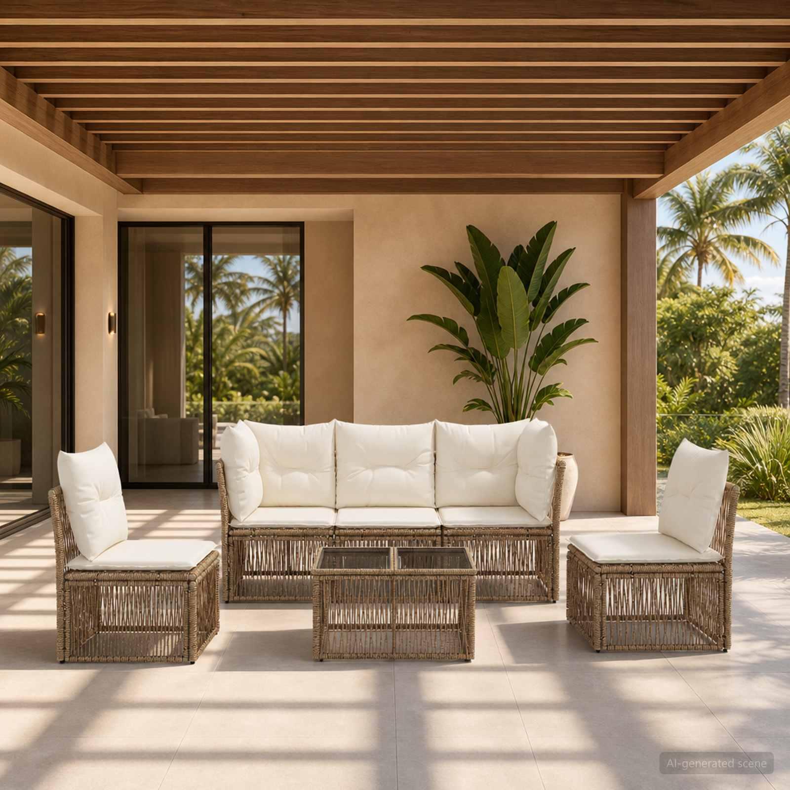 Havesofa sæt 6 stk. i beige polyrattan modulært loungesæt