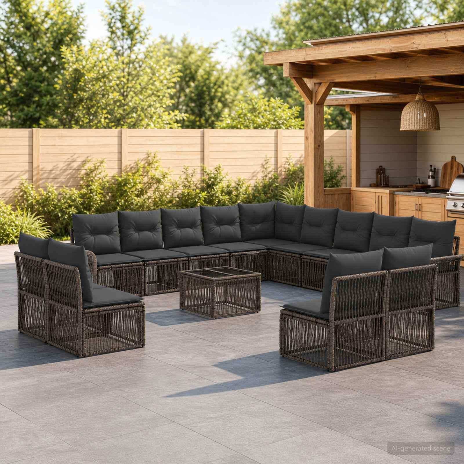 Havesofa sæt 14 dele i grå polyrattan til terrasse og have