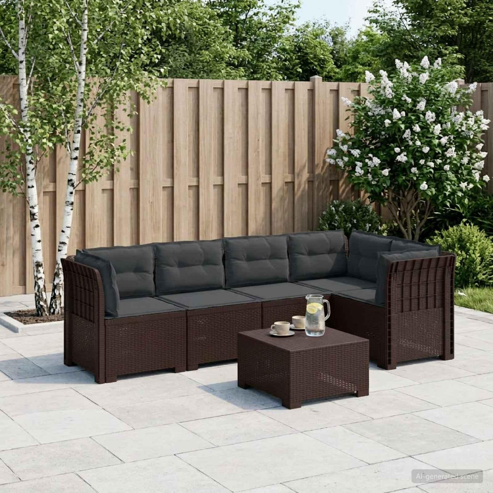 5-personers havemøbelsofa med hynder i rattan-look PP - brun/antracit