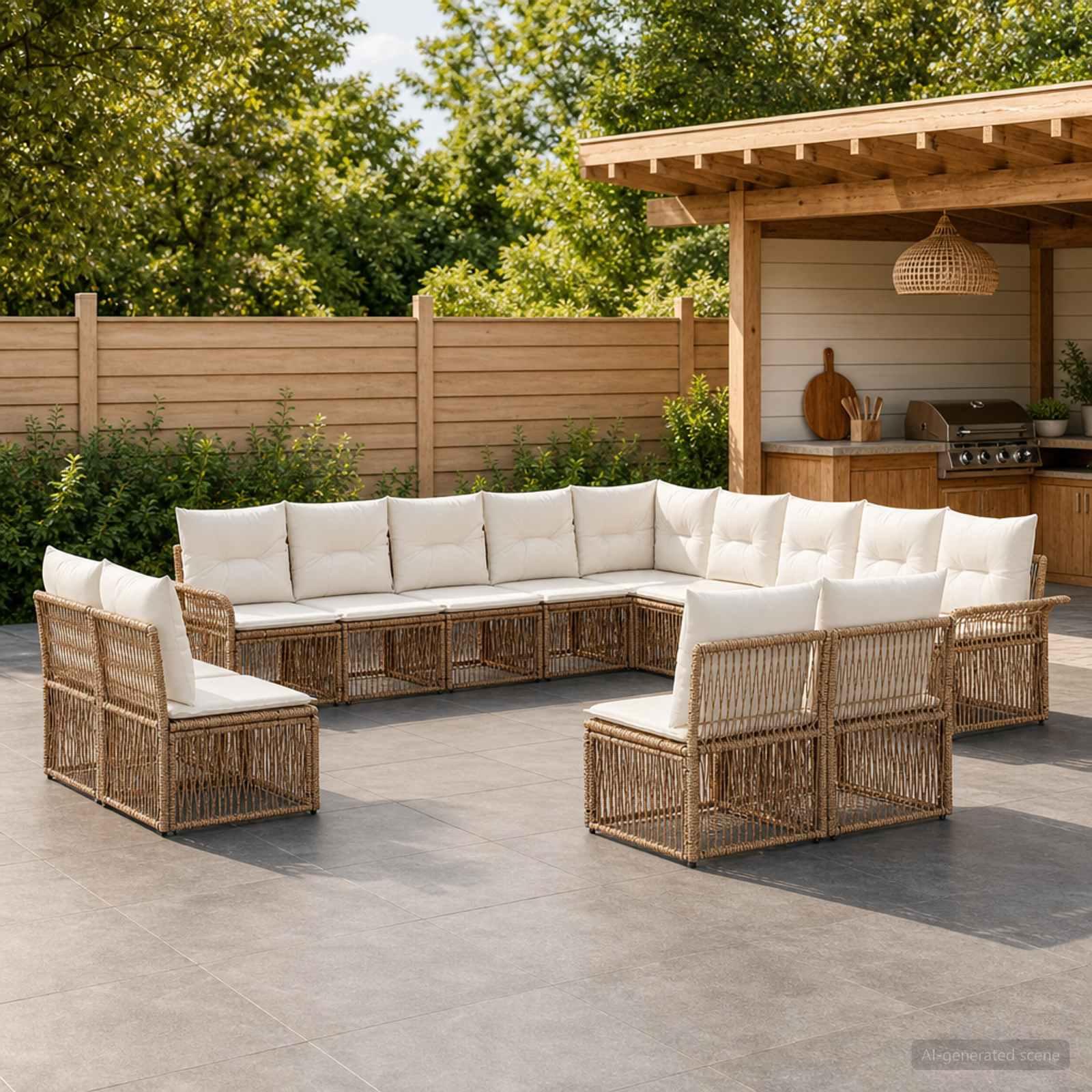 Havesofa sæt 13 stk. i beige polyrattan - modulært loungesæt til have og terrasse