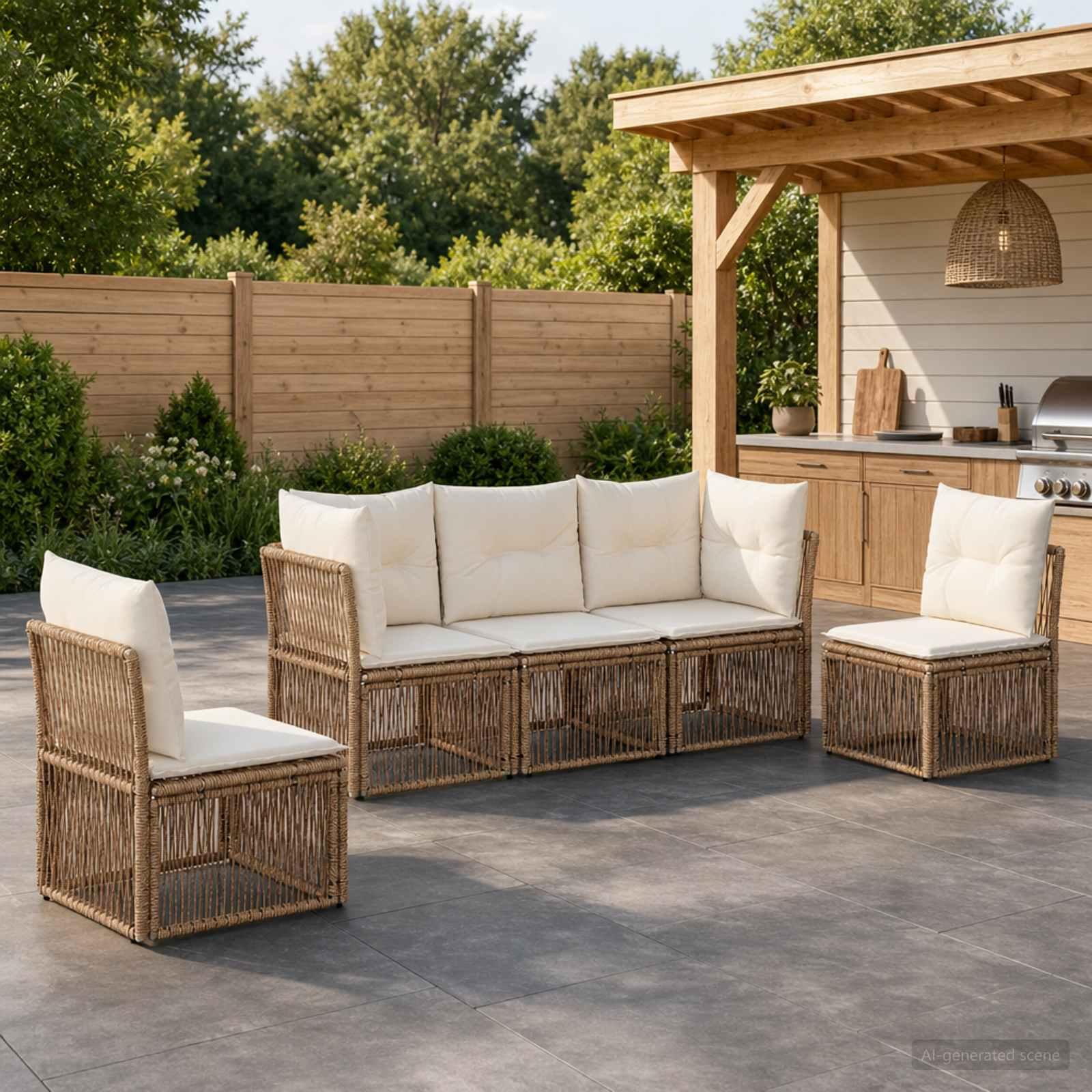 Havesofa sæt 5 stk. i beige polyrattan - modulært havemøbelsæt