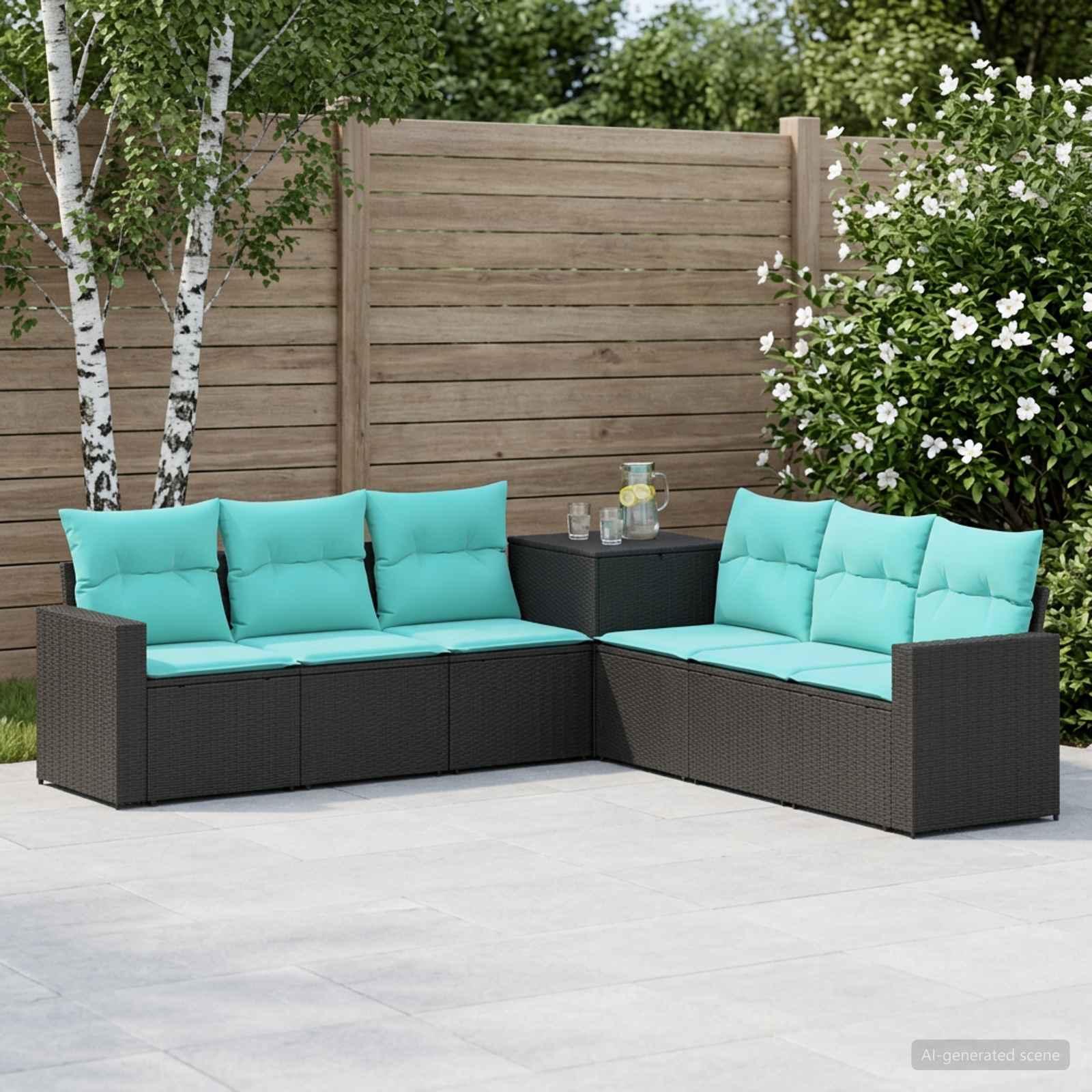 Sofa sæt 7 stk. til have og terrasse i sort og blå polyrattan og stål