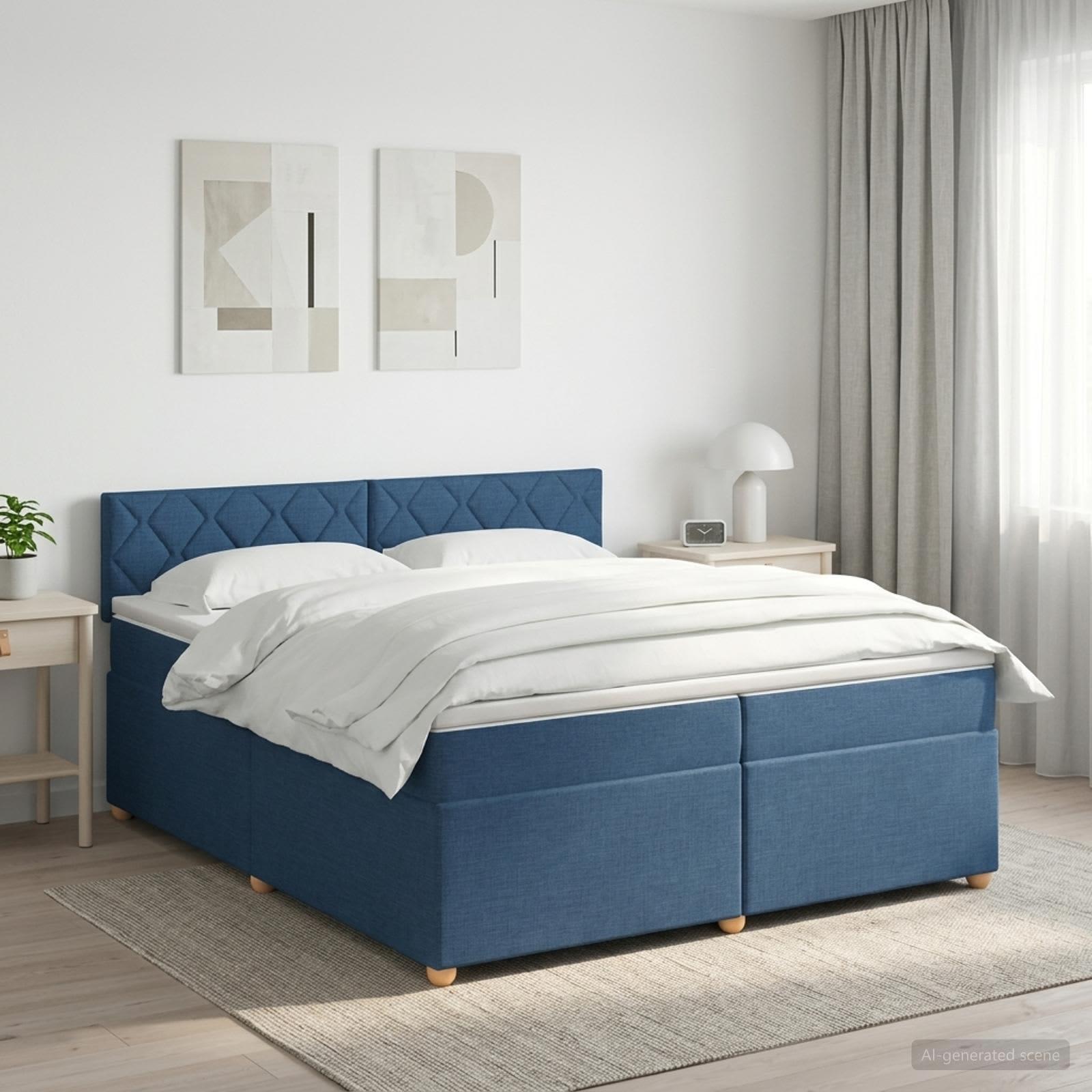 Seng med madras, topmadras og hovedgærde 200 x 200 cm - blå stof