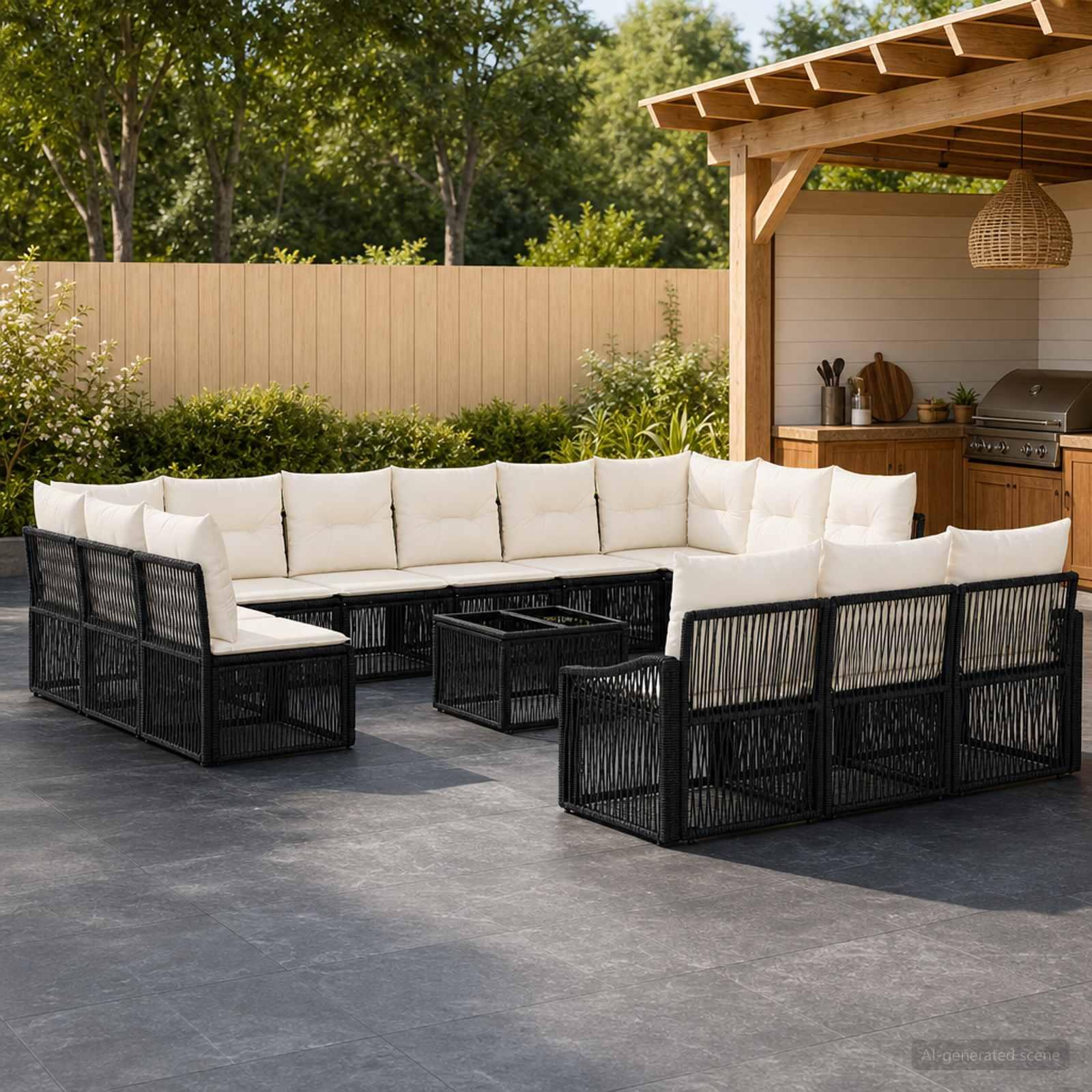 Havesofa sæt 14 stk. i sort polyrattan modulært loungesæt