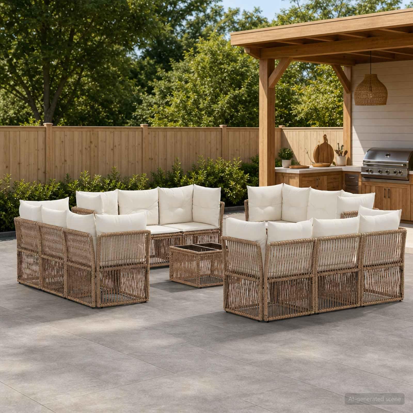 Havesofa sæt 13 stk. i beige polyrattan - modulært lounge sæt til have og terrasse