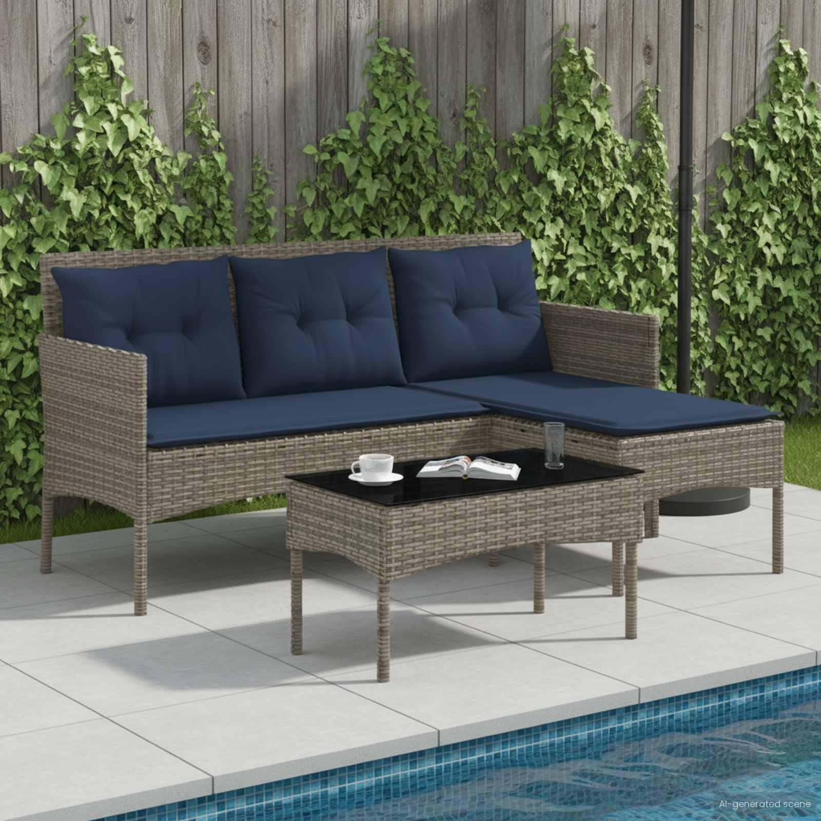 Havesofa sæt 2 stk. i grå og marineblå polyrattan