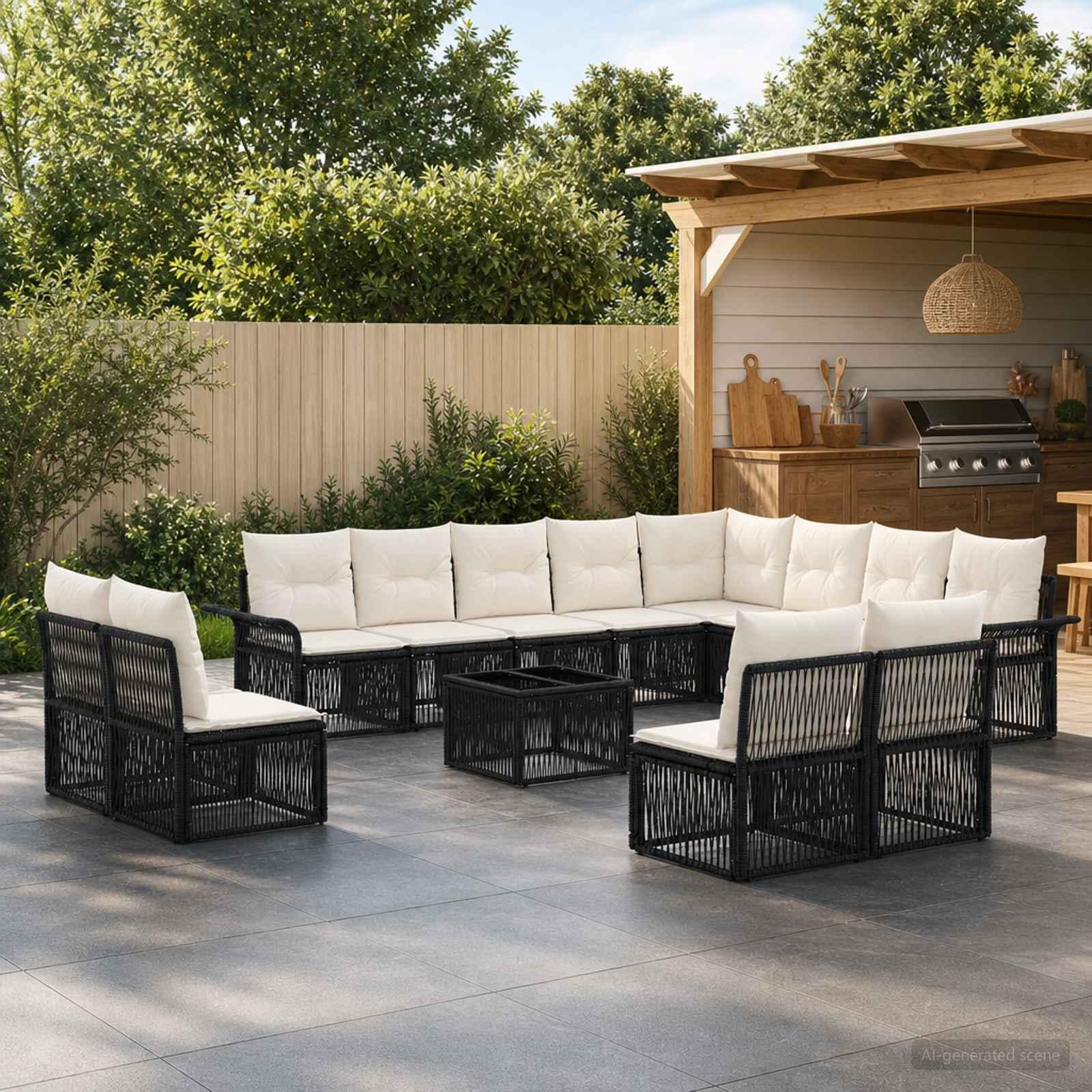 Havesofa sæt 13 stk. i sort polyrattan til have og terrasse
