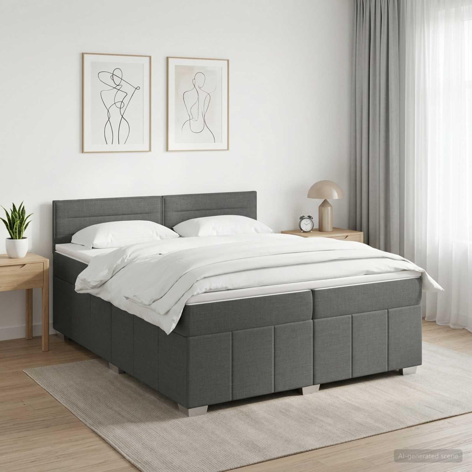 Boxmadras seng med topmadras og LED i stof 200 x 200 cm - mørkegrå