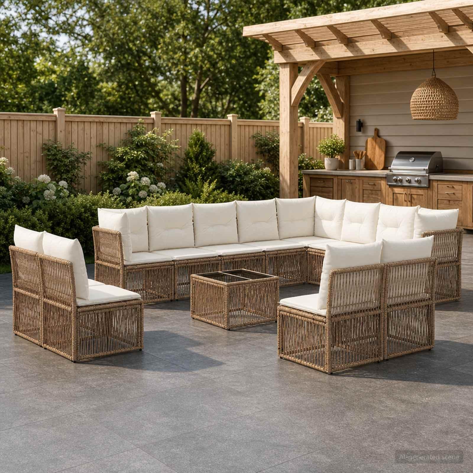 Havesofa sæt 13 dele i beige polyrattan med moduldesign