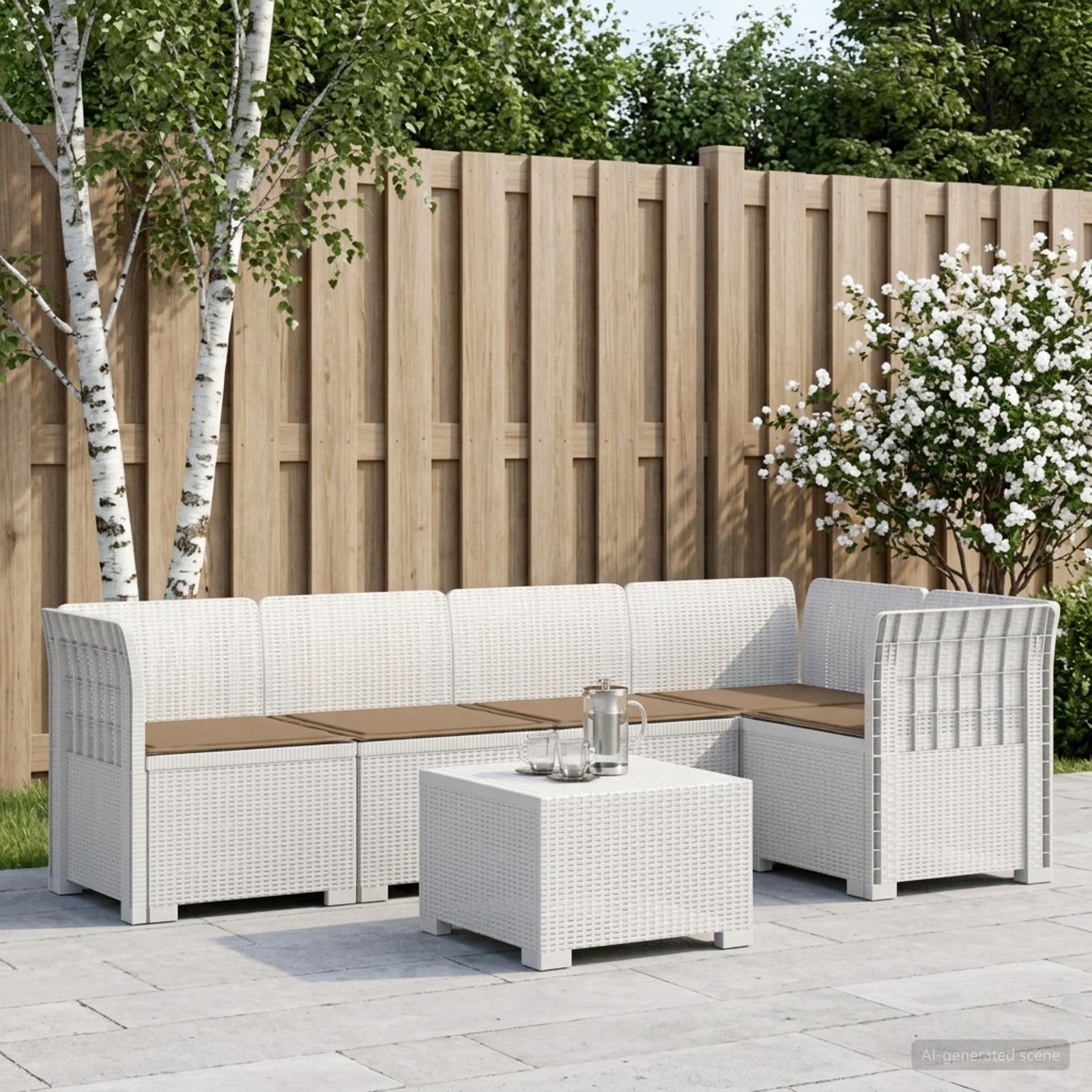 5-personers havemøbelsofa med hynder i rattan-look PP - hvid